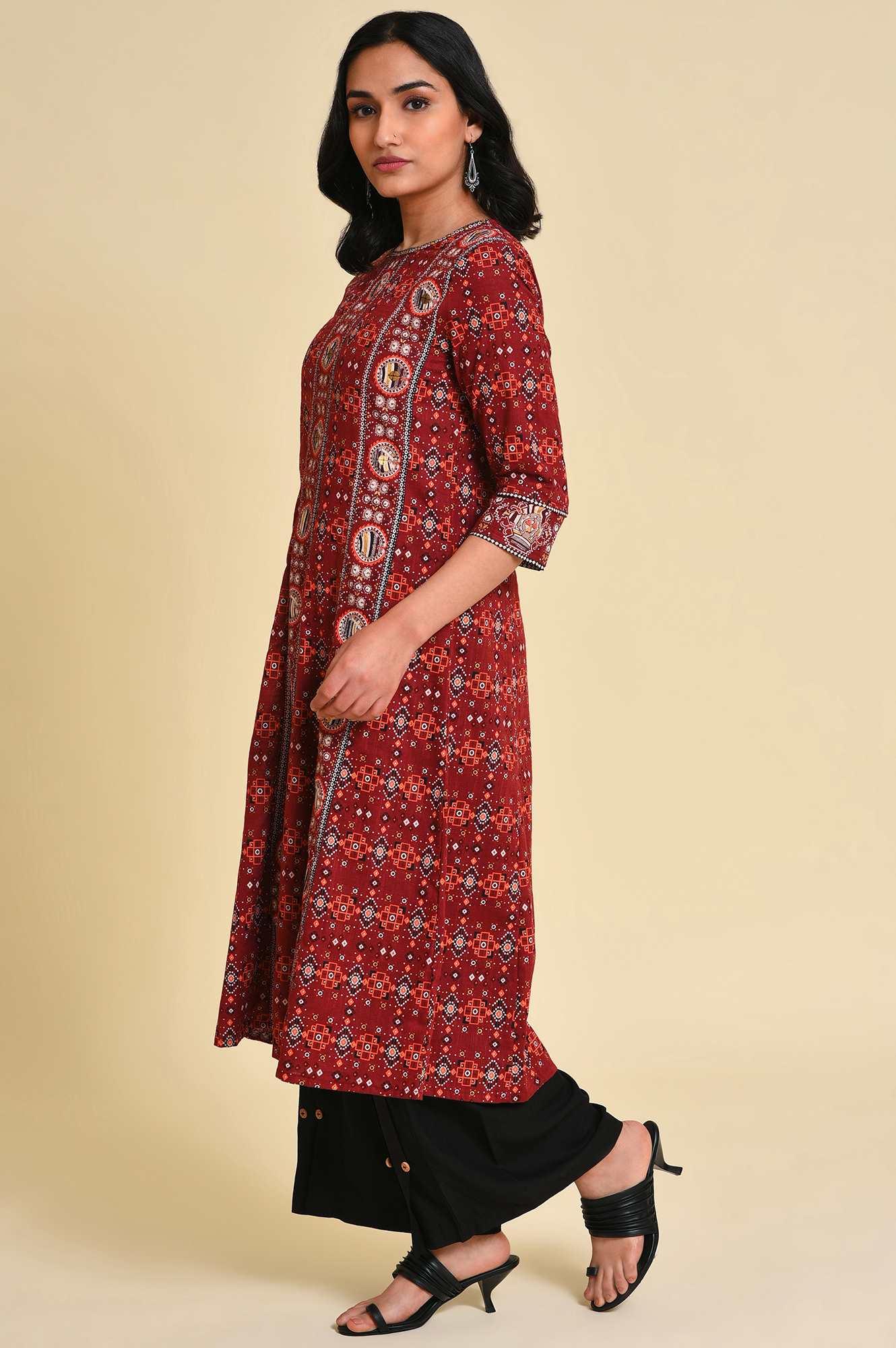 Dark Red A-Line Printed kurta - wforwoman