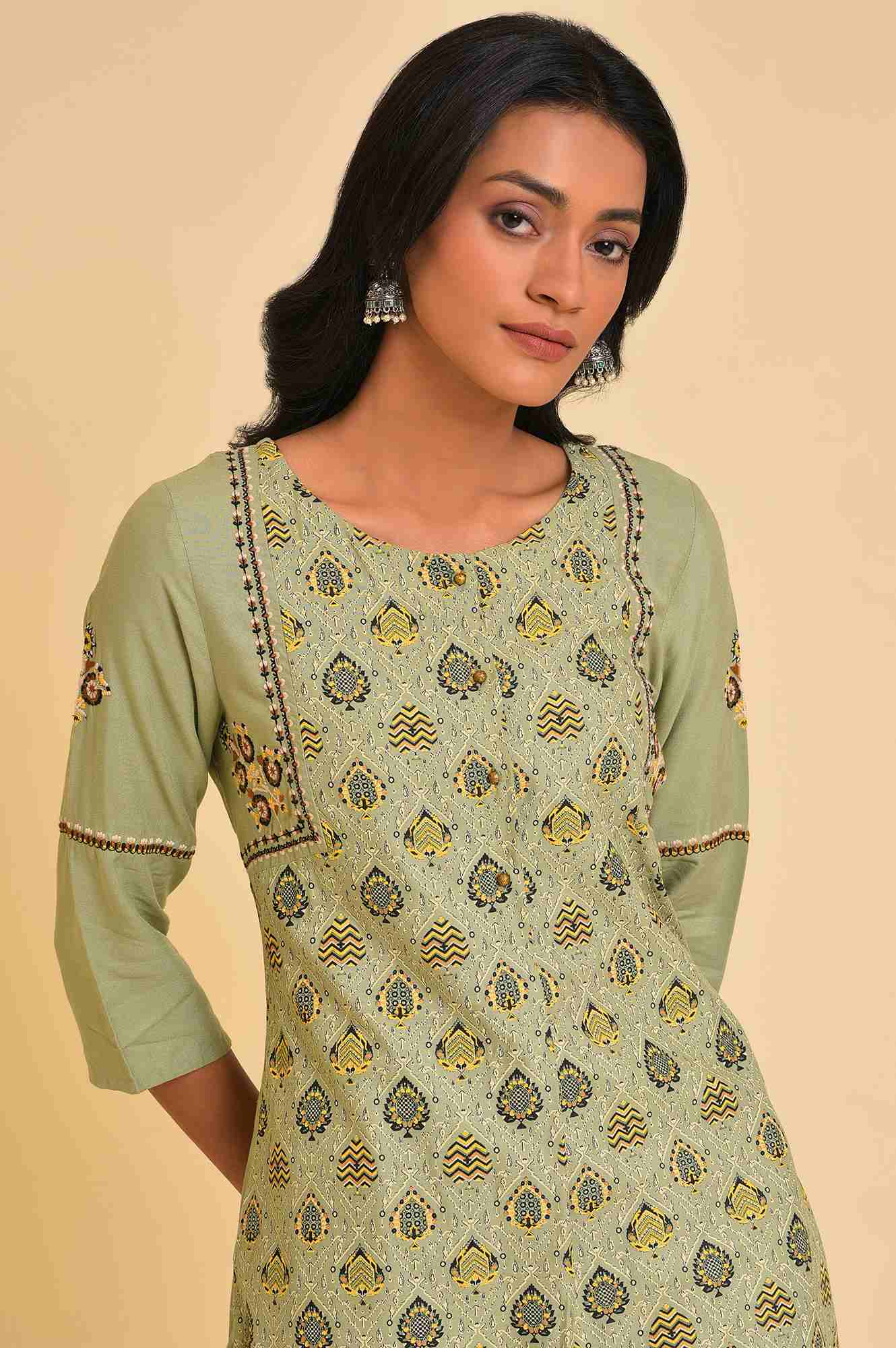 Light Green Printed Thread Embroidered Rayon A-Line Kurta and Straight Pant Set