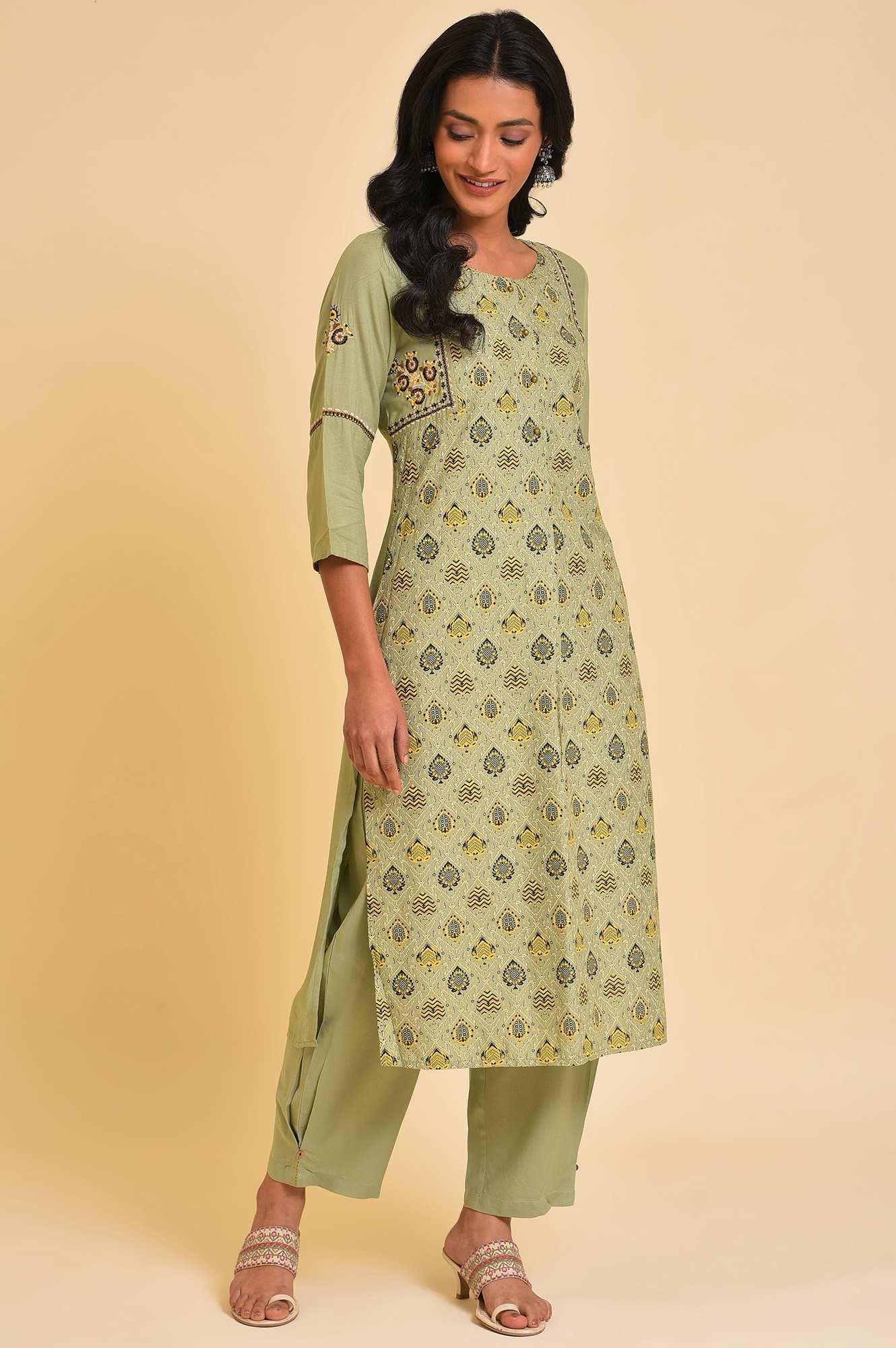 Light Green Embroidered Yoke Printed kurta - wforwoman