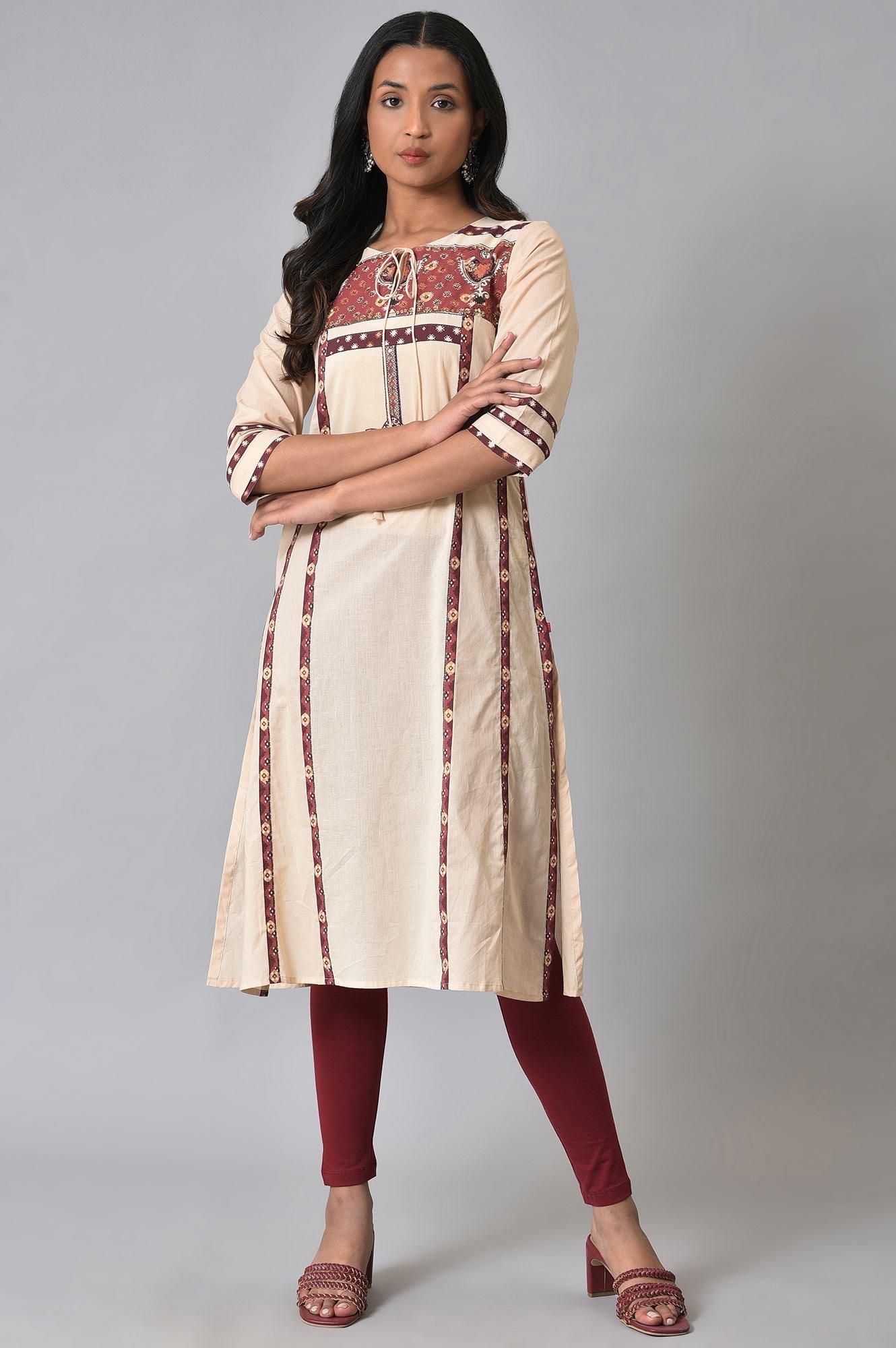 Ecru Printed Straight Summer Plus Size kurta - wforwoman