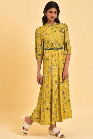 Yellow Floral Printed Long Summer Dress - wforwoman