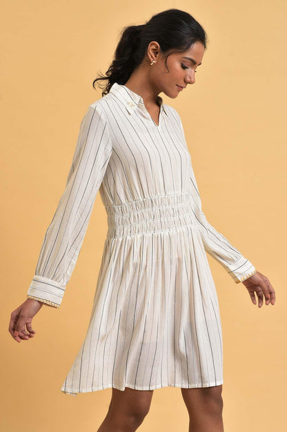 Ecru And Grey Striped Smocking Waist Dress - wforwoman