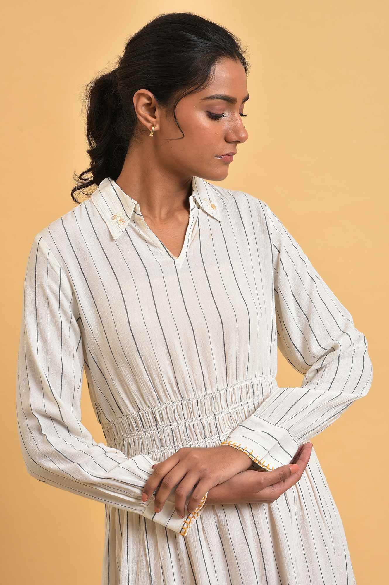 Ecru And Grey Striped Smocking Waist Dress - wforwoman