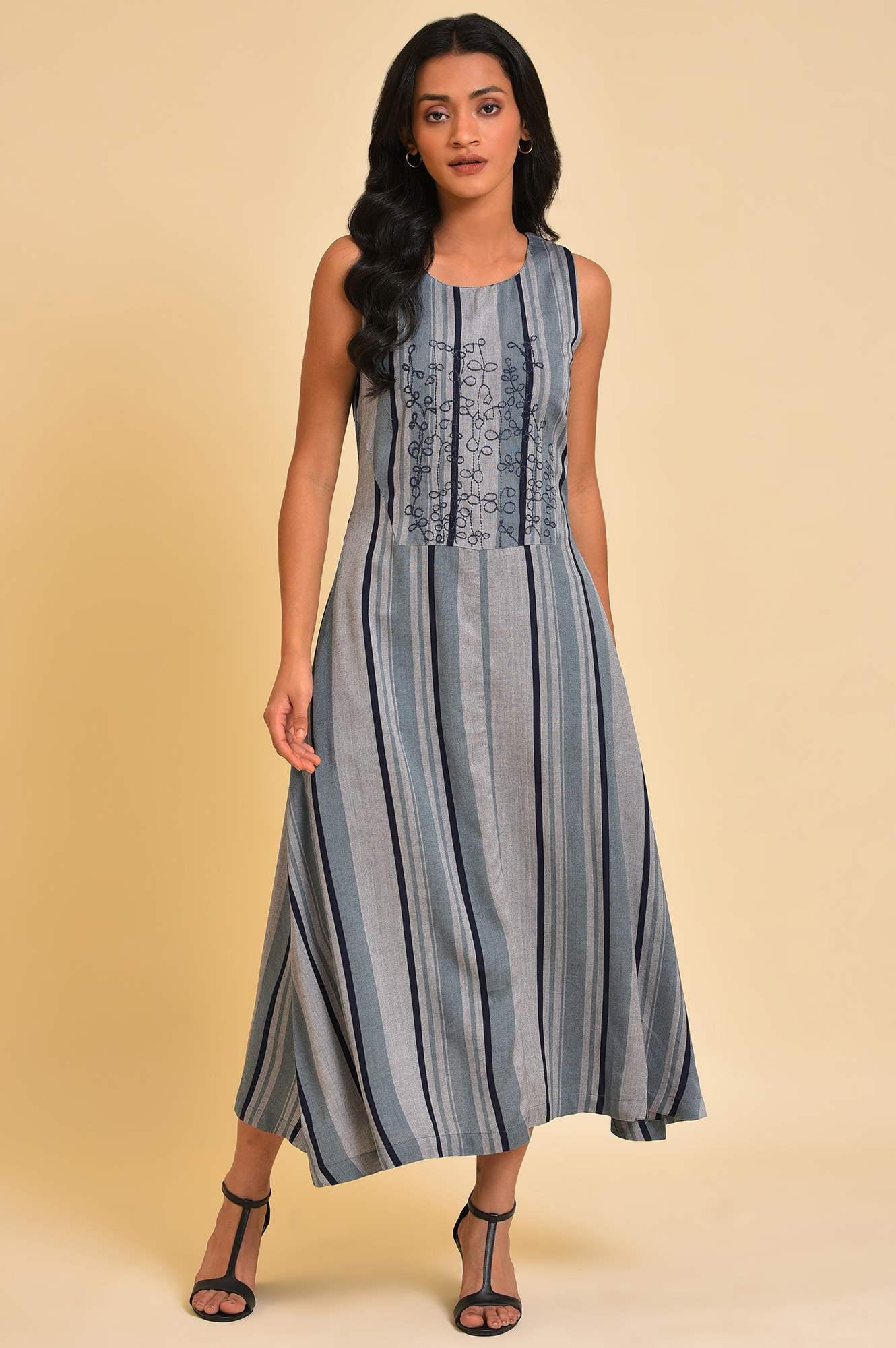 Blue Yarn Dyed Stripe Printed Embroidered Dress - wforwoman