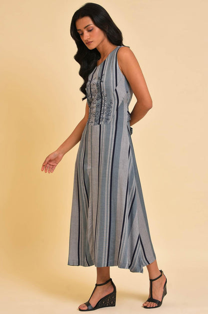 Blue Yarn Dyed Stripe Printed Embroidered Dress - wforwoman