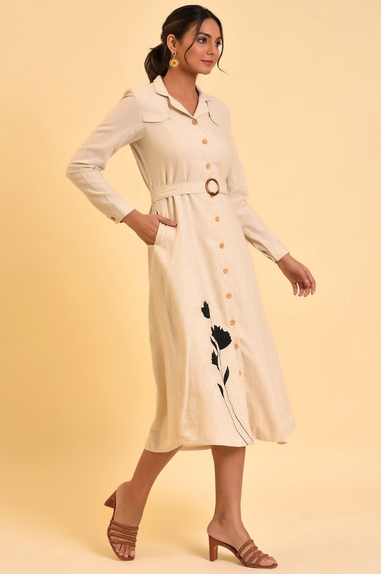 Ecru Solid Trench Dress With Waist Belt - wforwoman