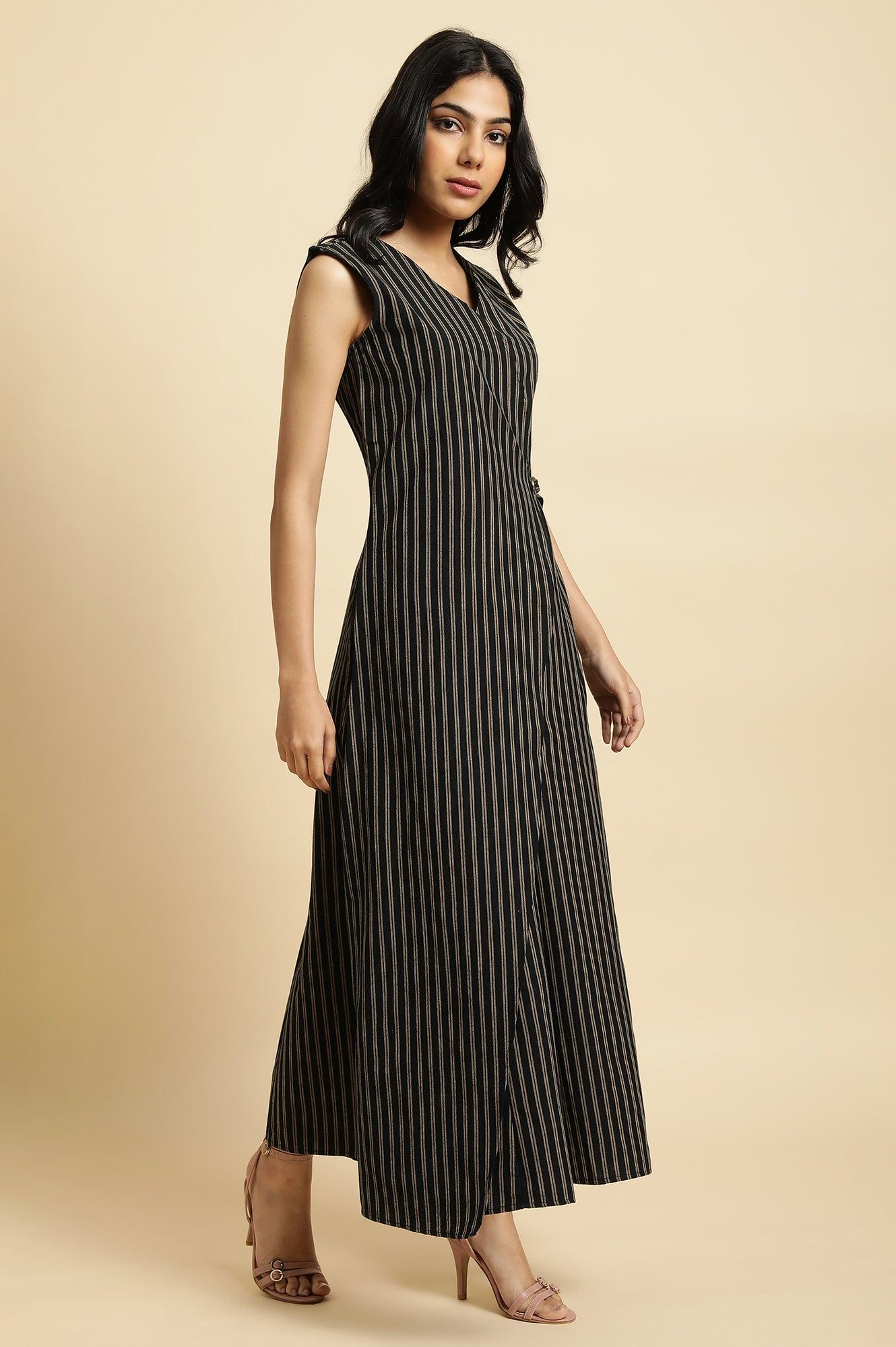 Black Striped Yarn Dyed Sleeveless Wrap Jumpsuit - wforwoman