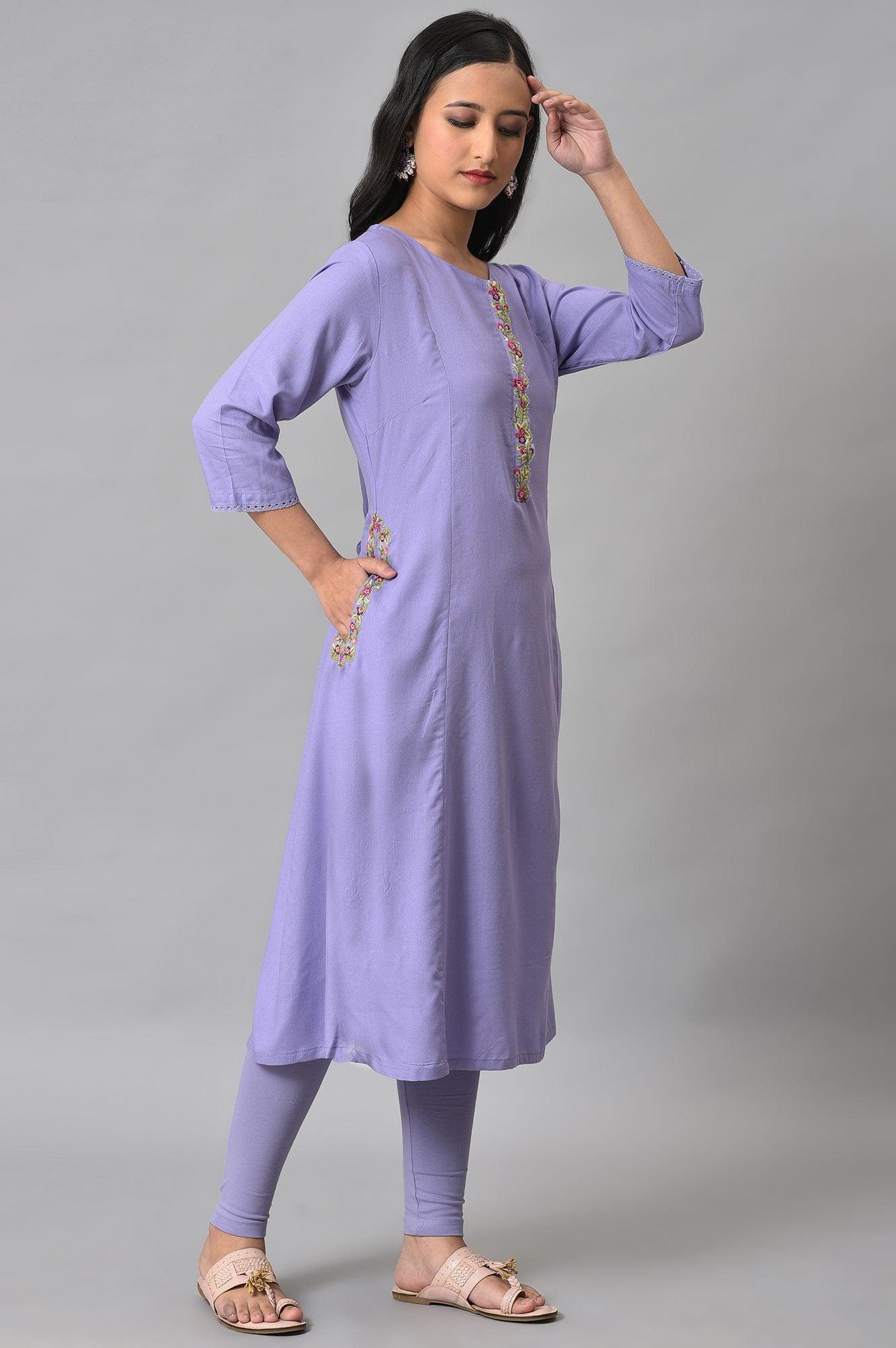 Voilet Embroidered A-Line kurta - wforwoman