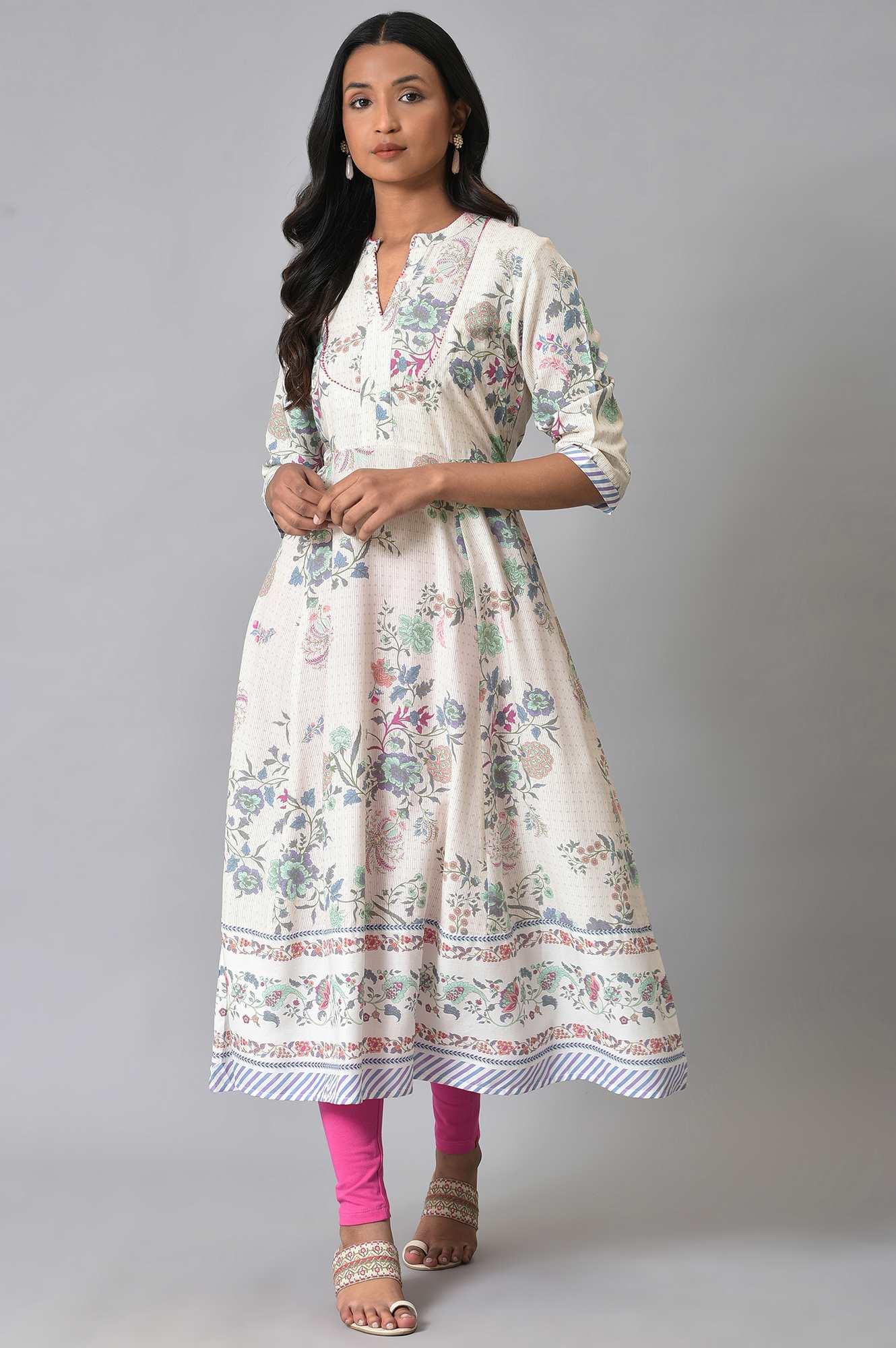 Ecru Floral Printed Flared Plus Size kurta - wforwoman