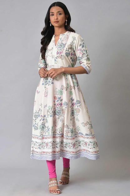 Ecru Floral Printed Flared Plus Size kurta - wforwoman