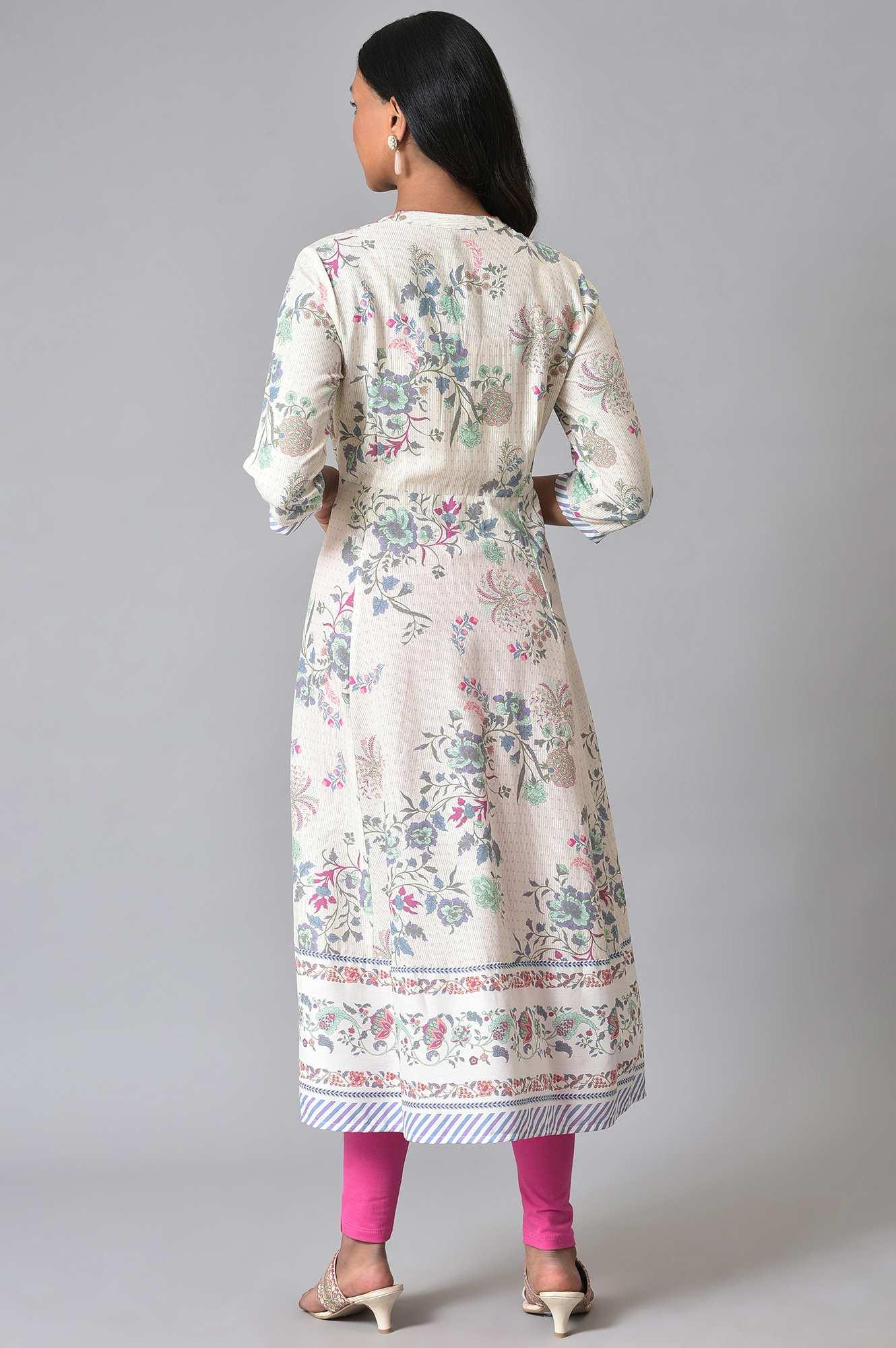 Ecru Floral Printed Flared Plus Size kurta - wforwoman