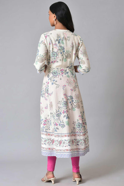 Ecru Floral Printed Flared Plus Size kurta - wforwoman