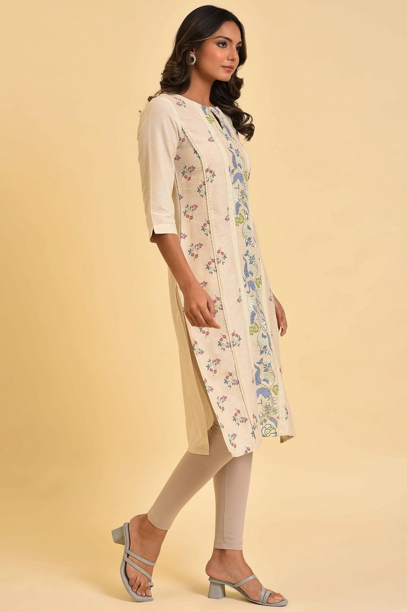 Ecru Floral Printed kurta With Lace Detailing - wforwoman