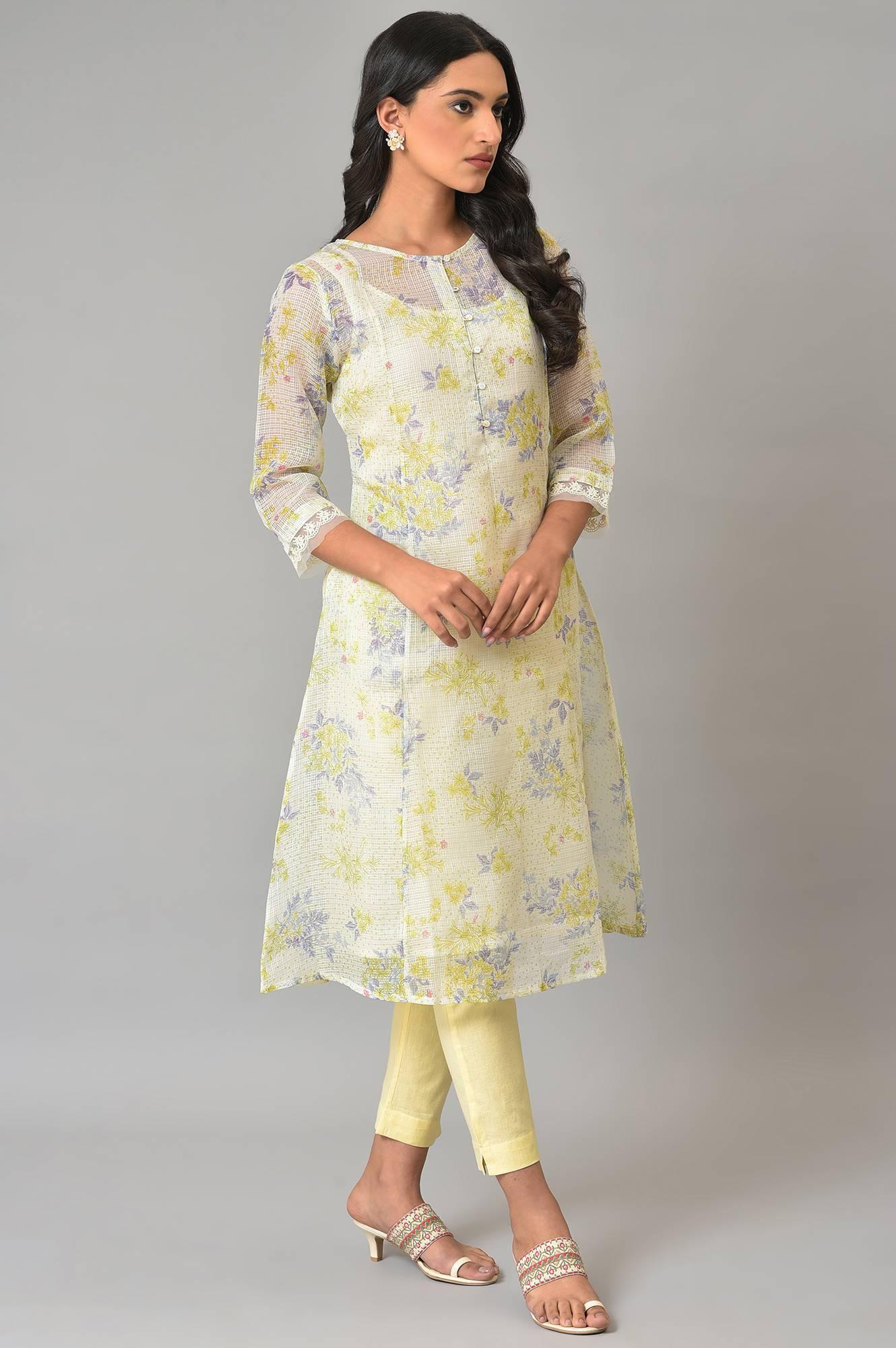 Ecru Floral Printed Kota Inner kurta - wforwoman