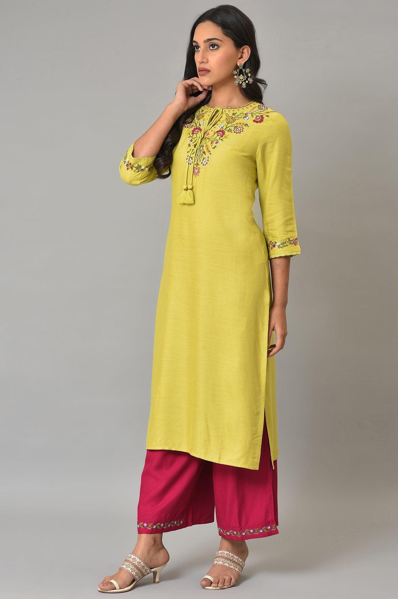 Lime Green Embroidered Summer kurta - wforwoman