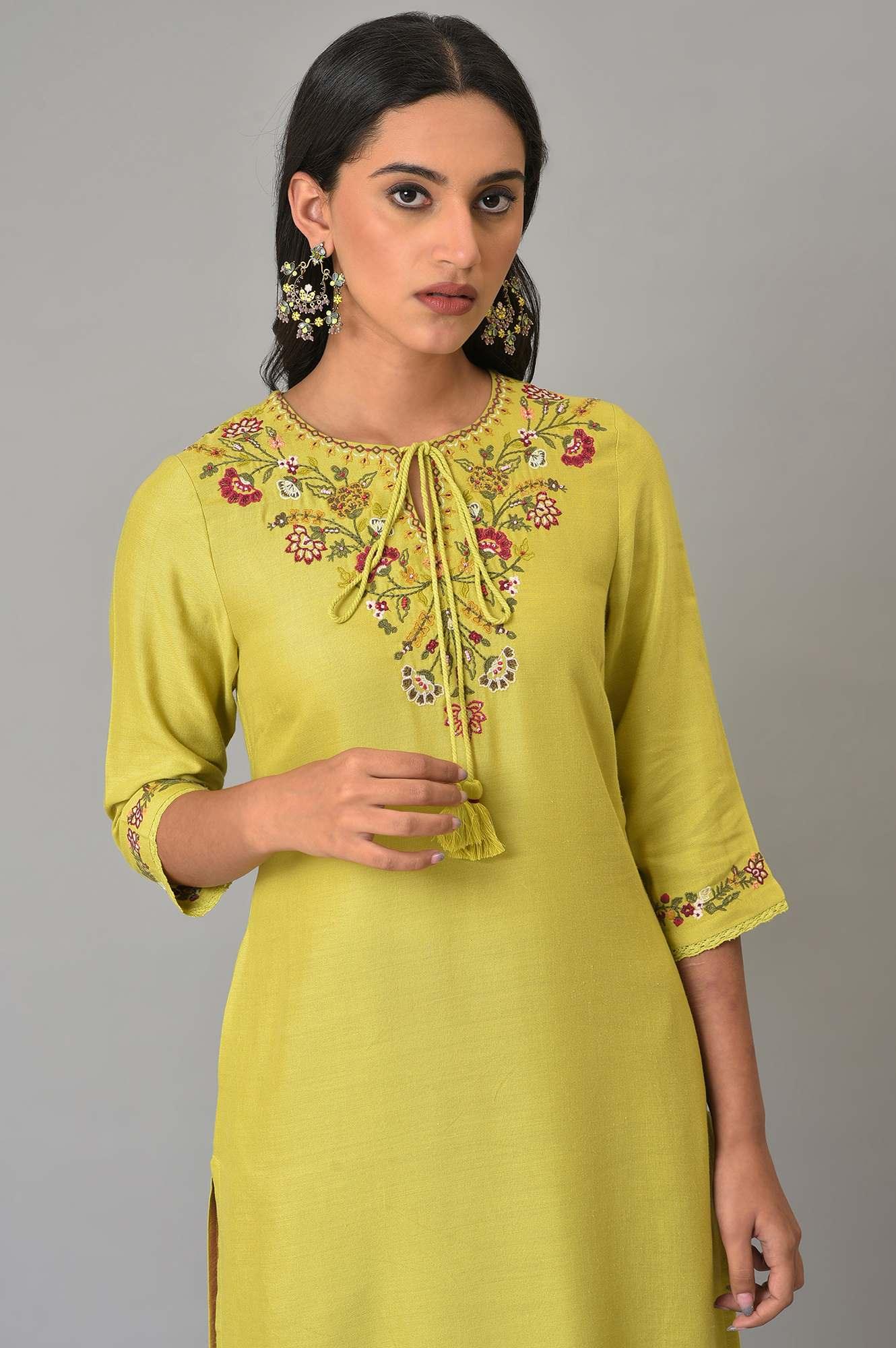 Lime Green Embroidered Summer kurta - wforwoman