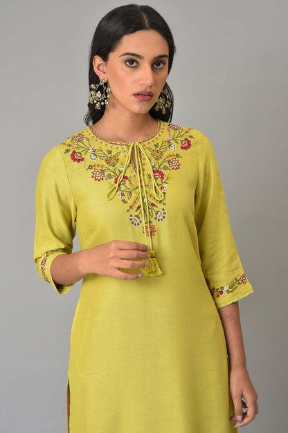 Lime Green Embroidered Summer kurta - wforwoman
