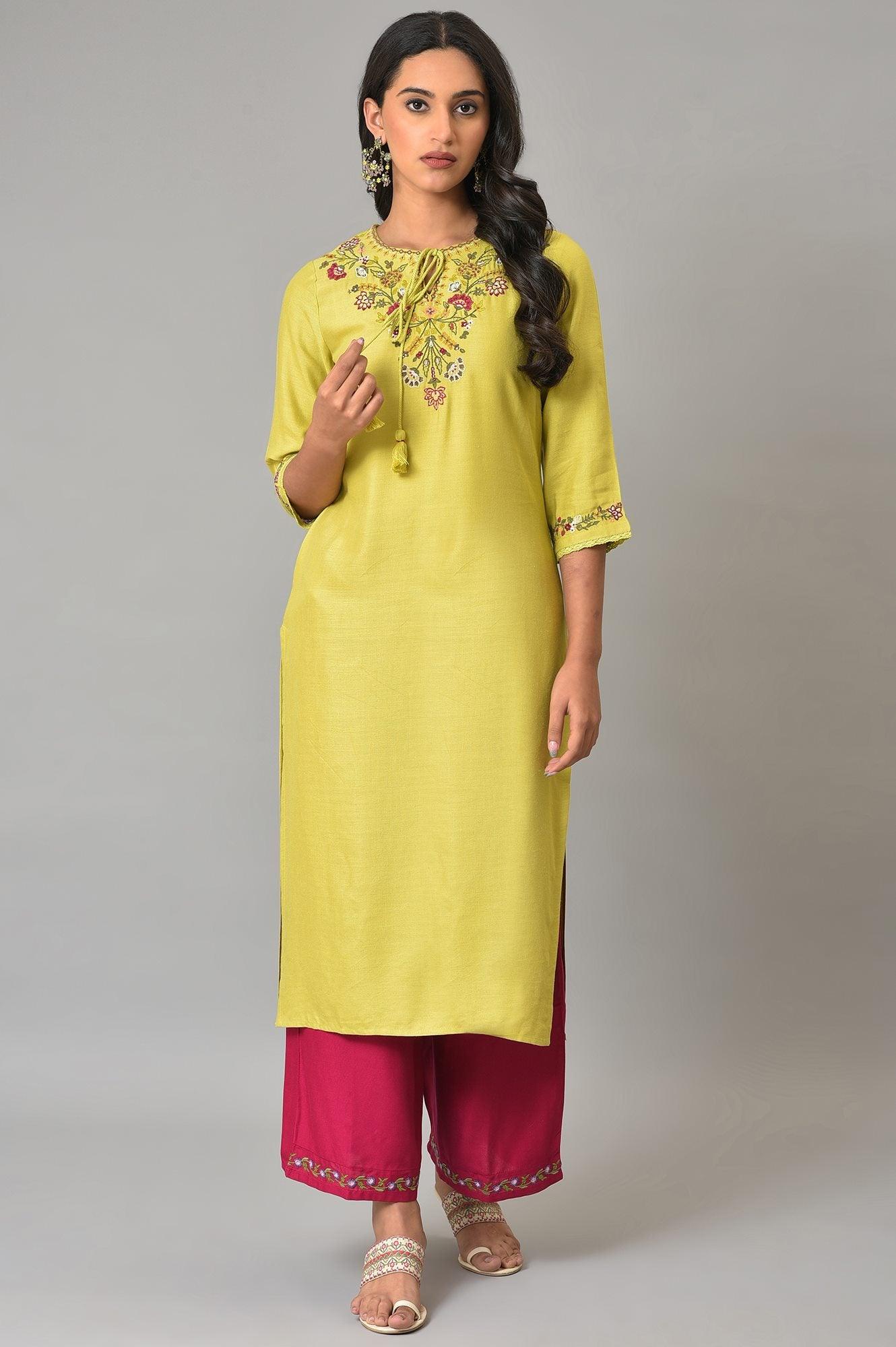 Lime Green Embroidered Summer kurta - wforwoman