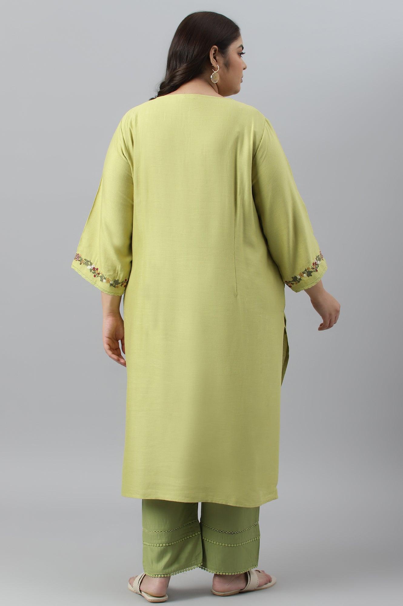 Green Fusion Plus Size Embroidered kurta - wforwoman