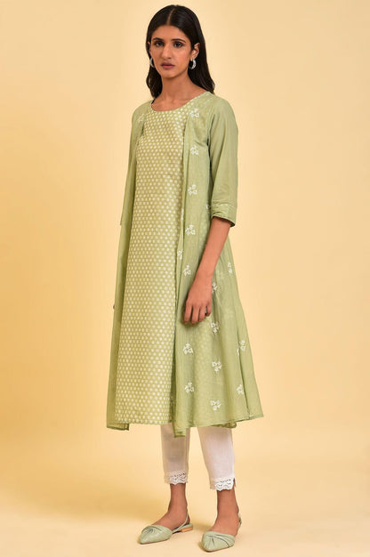 Green Mock Layered Embroidered kurta - wforwoman