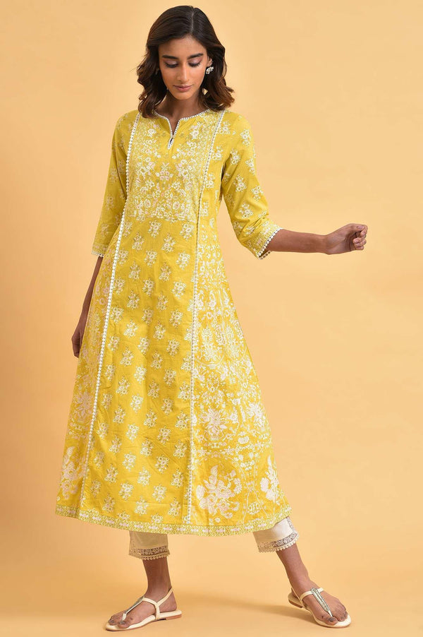Yellow Cotton Floral Printed Flared kurta