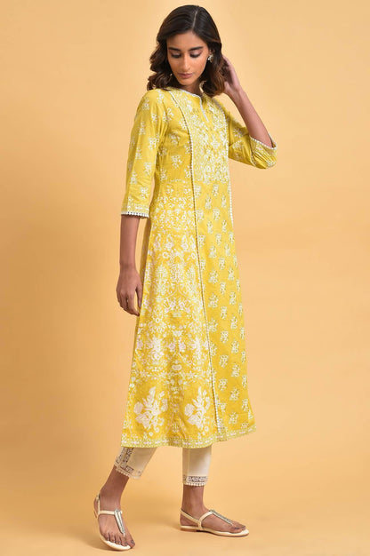 Yellow Cotton Floral Printed Flared kurta - wforwoman