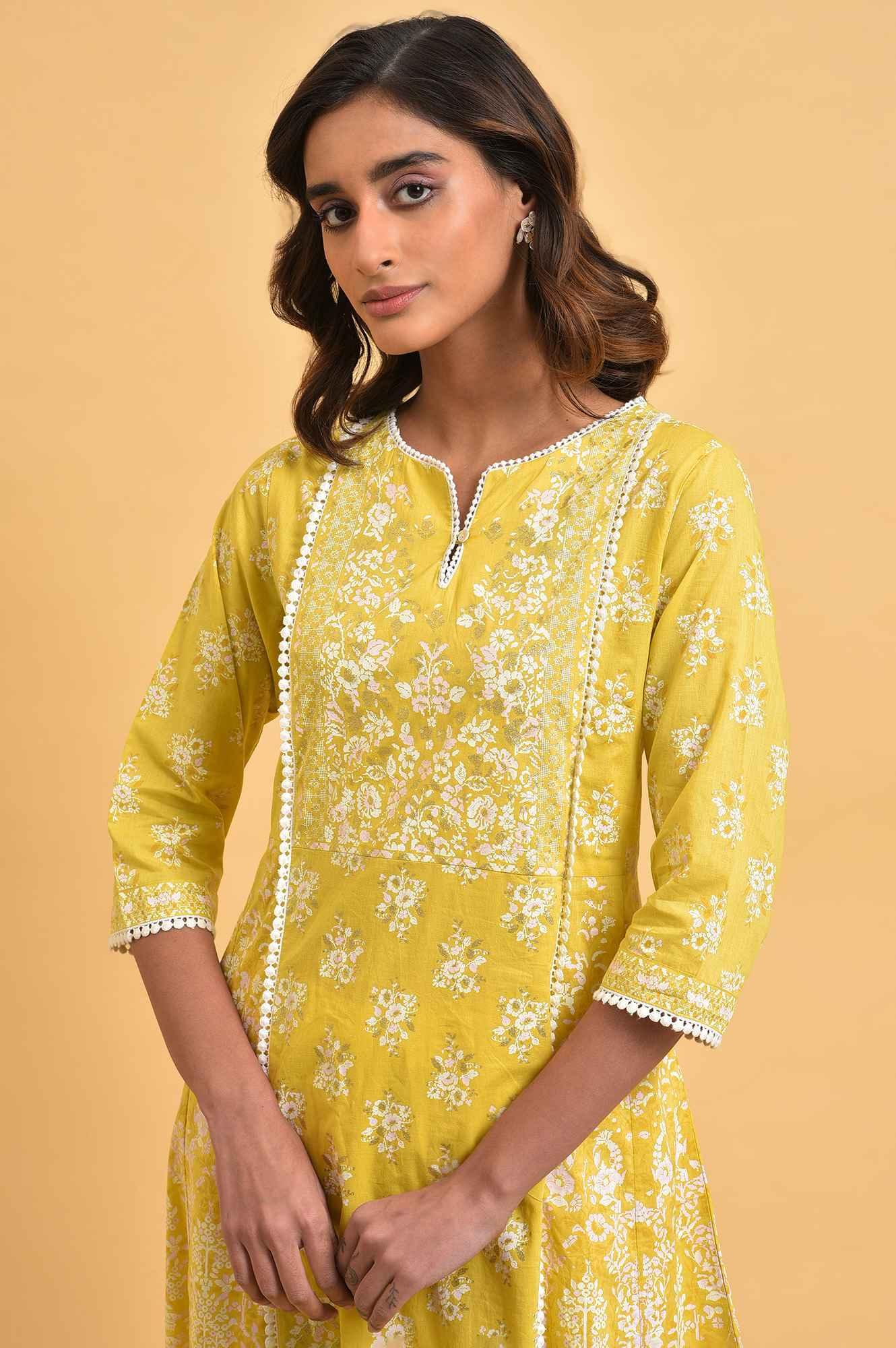 Yellow Cotton Floral Printed Flared kurta - wforwoman