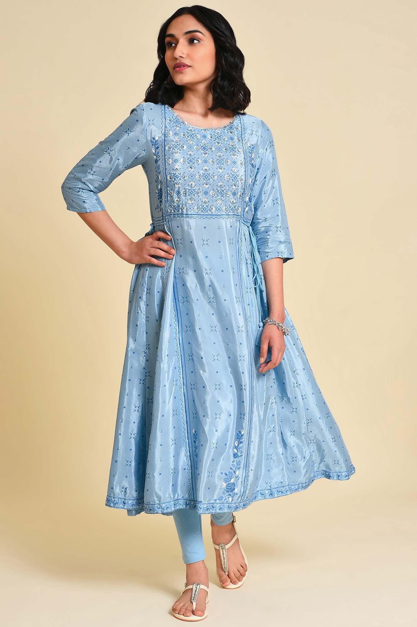 Blue Sequined Shantung kurta - wforwoman