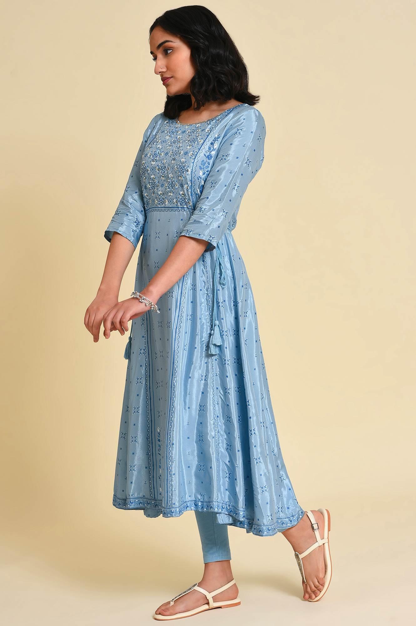 Blue Sequined Plus Size Shantung kurta - wforwoman