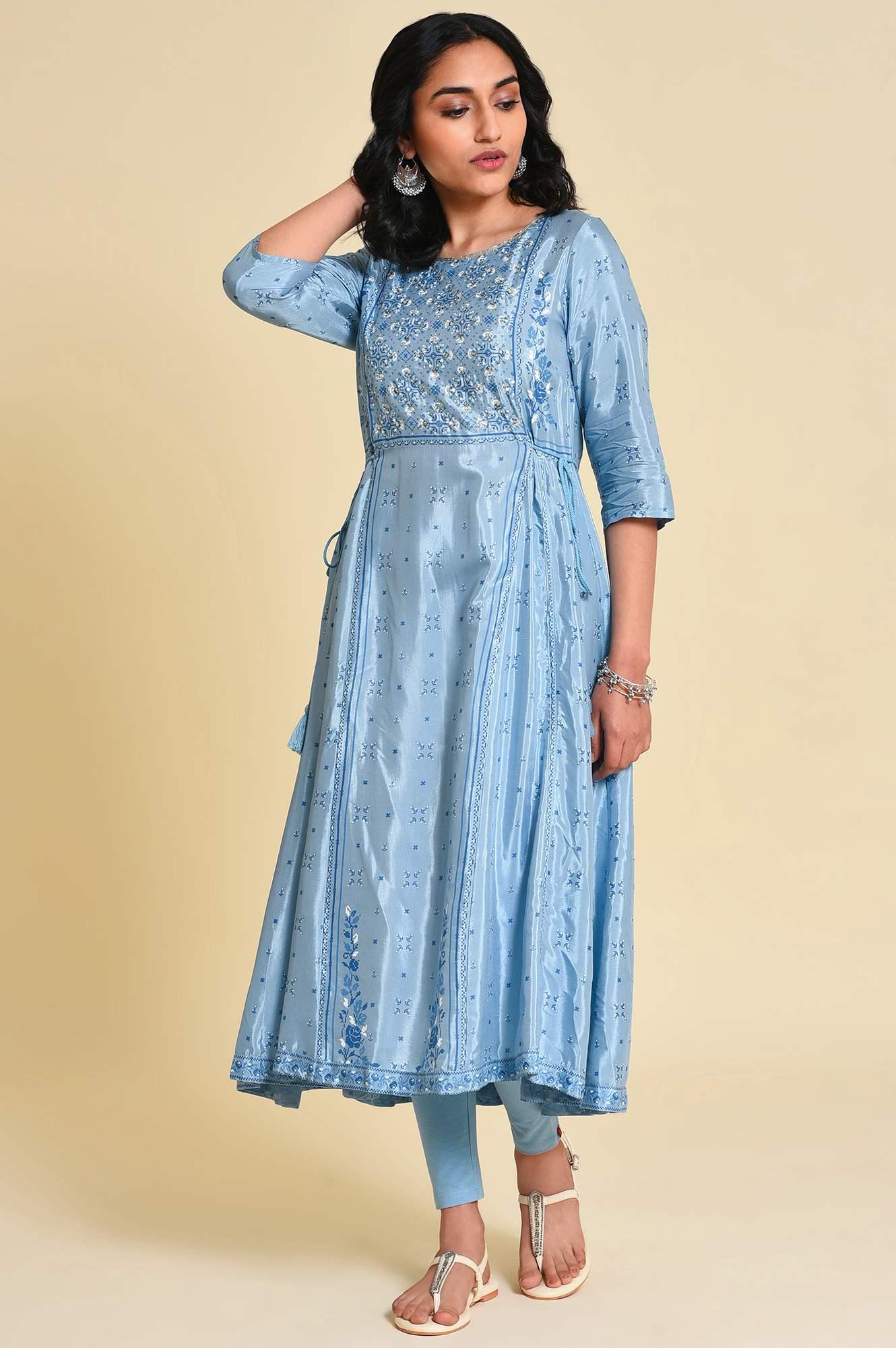 Blue Sequined Plus Size Shantung kurta - wforwoman