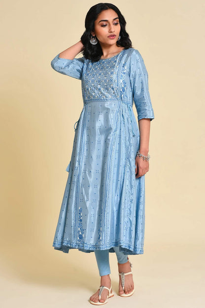 Blue Sequined Plus Size Shantung kurta - wforwoman