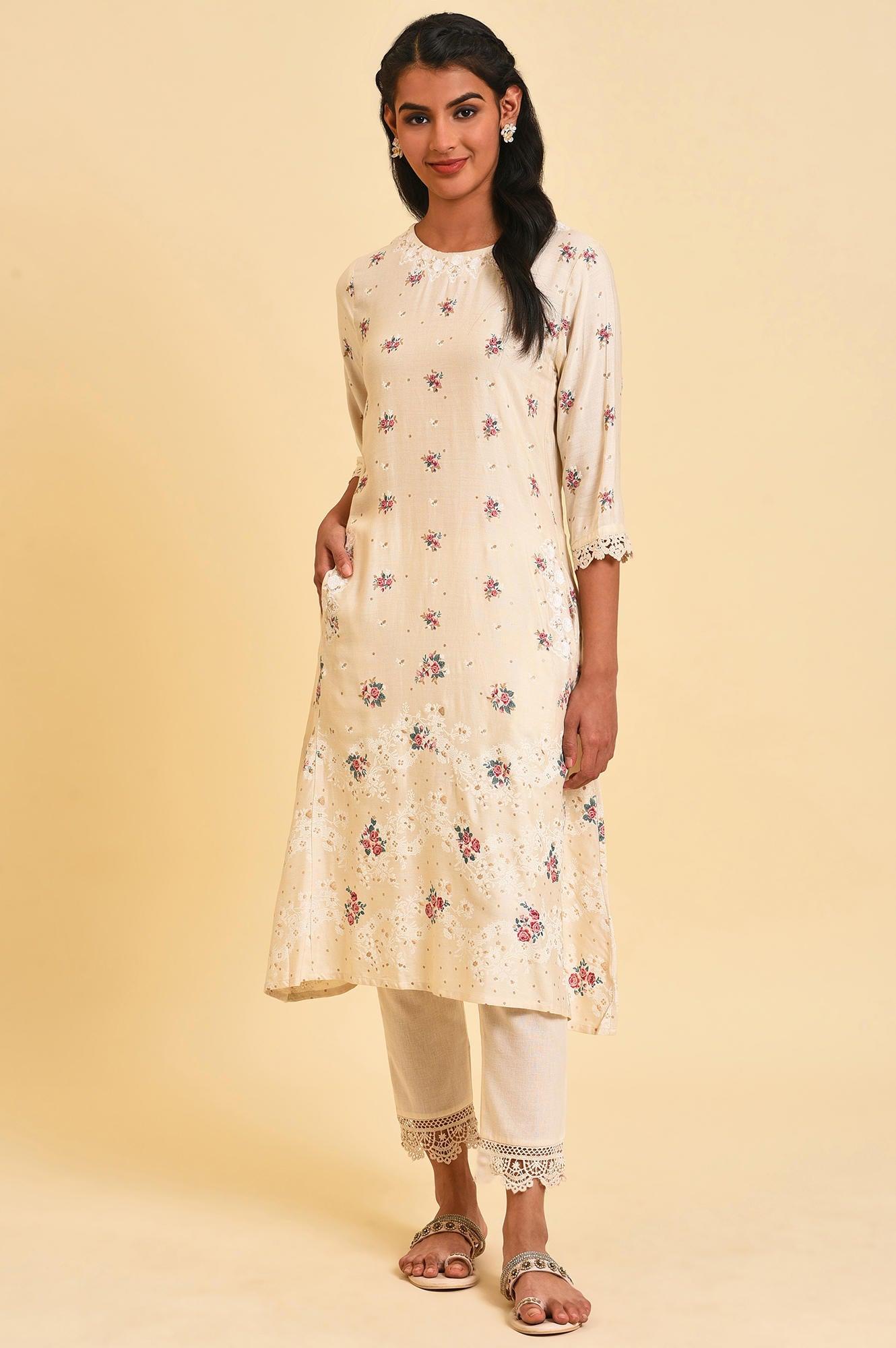 Ecru Glitter Floral Print Mix Plus Size kurta - wforwoman