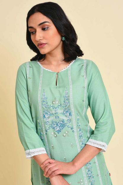 Light Green Floral Printed Lace Rayon Straight Kurta and Slim Pant Set