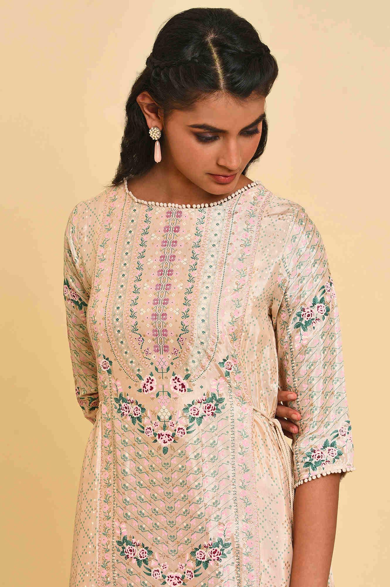 Biege Glitter Printed Flared kurta With Embroidery - wforwoman