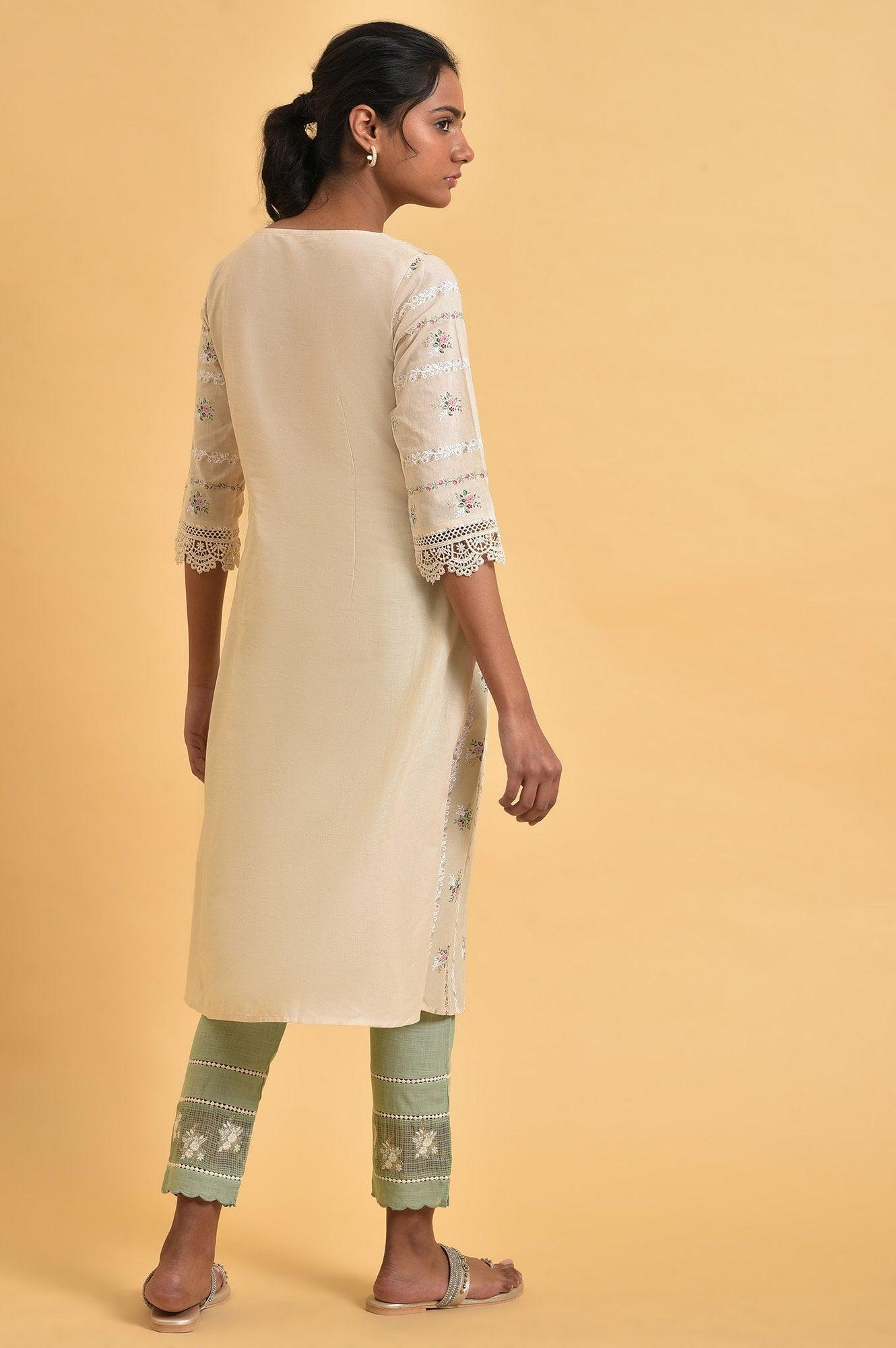 Beige Floral Print Round Neck Cotton kurta - wforwoman