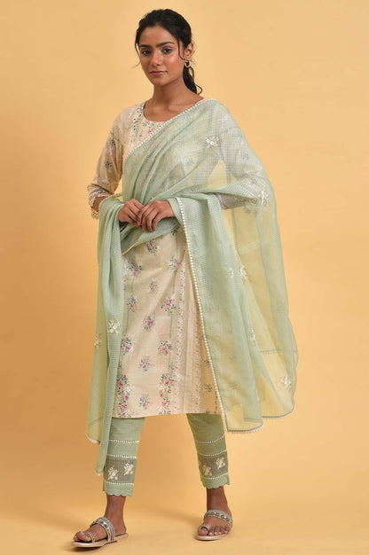 Beige Floral Print Round Neck Cotton kurta - wforwoman