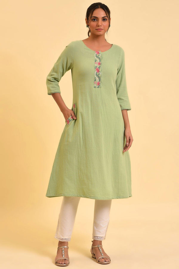 Green Embroidered Cotton Summer kurta