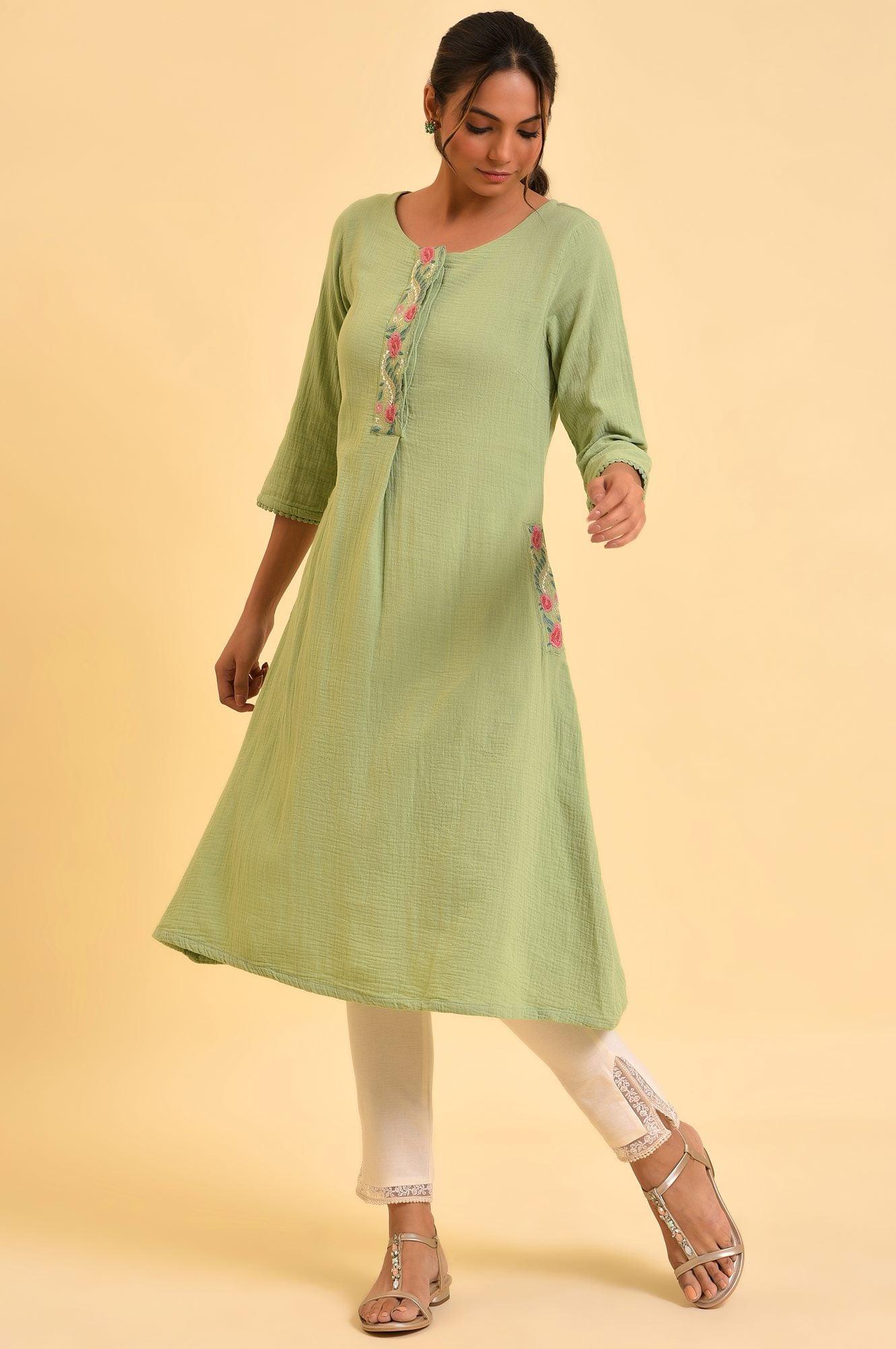 Green Embroidered Cotton Summer kurta - wforwoman