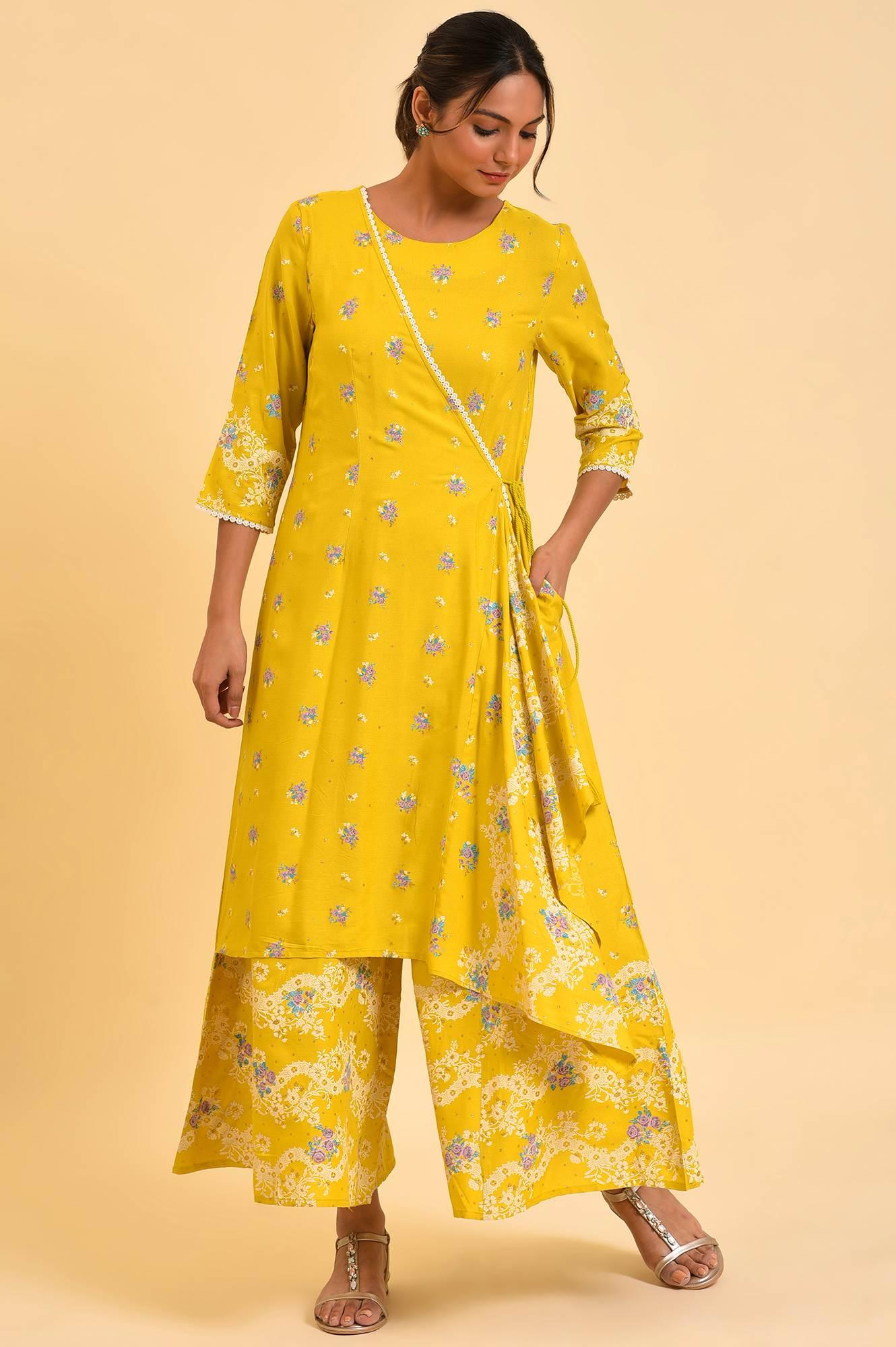 Yellow Glitter Printed Angrakha Jumpsuit - wforwoman