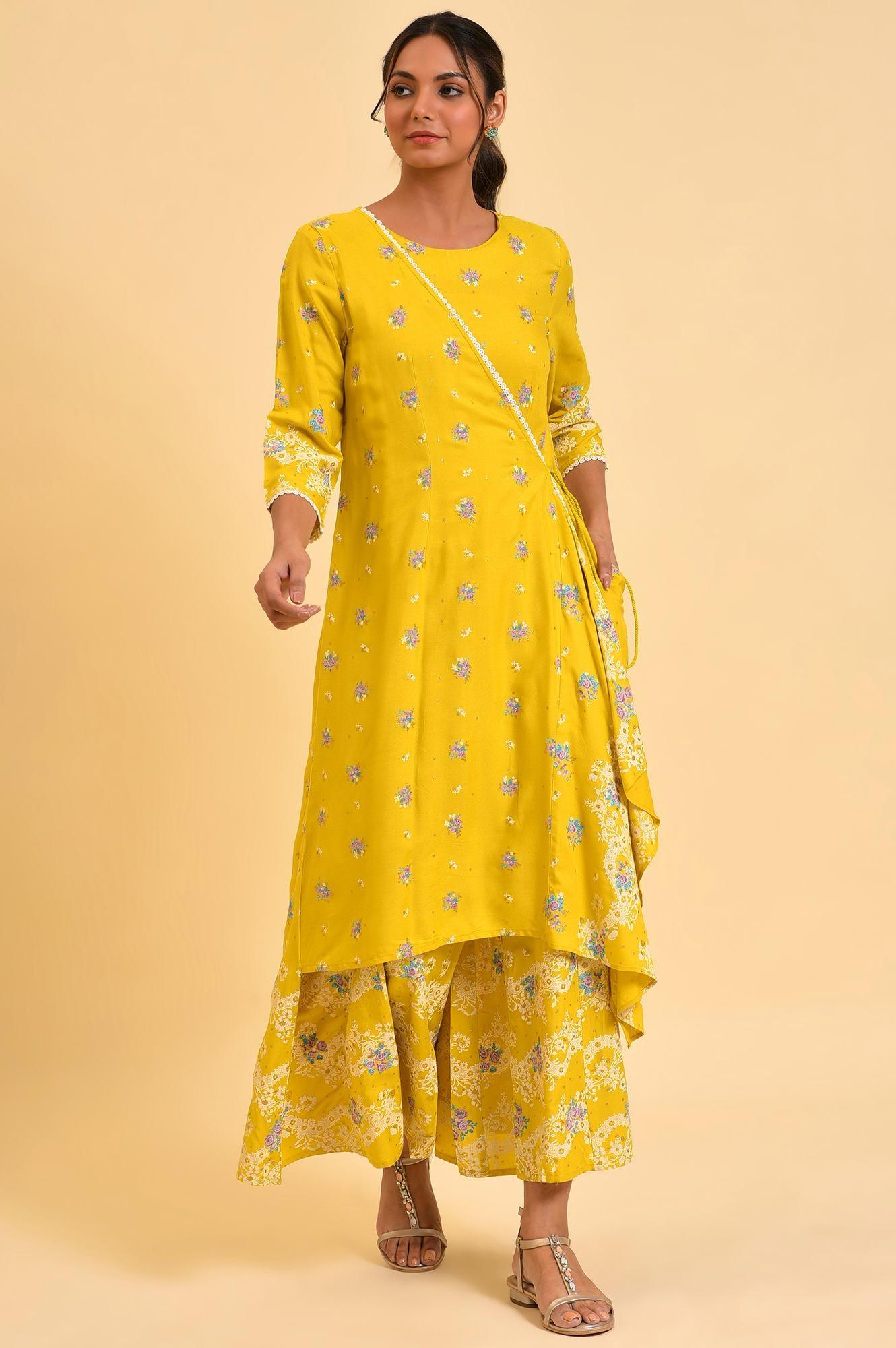 Yellow Glitter Printed Angrakha Jumpsuit - wforwoman