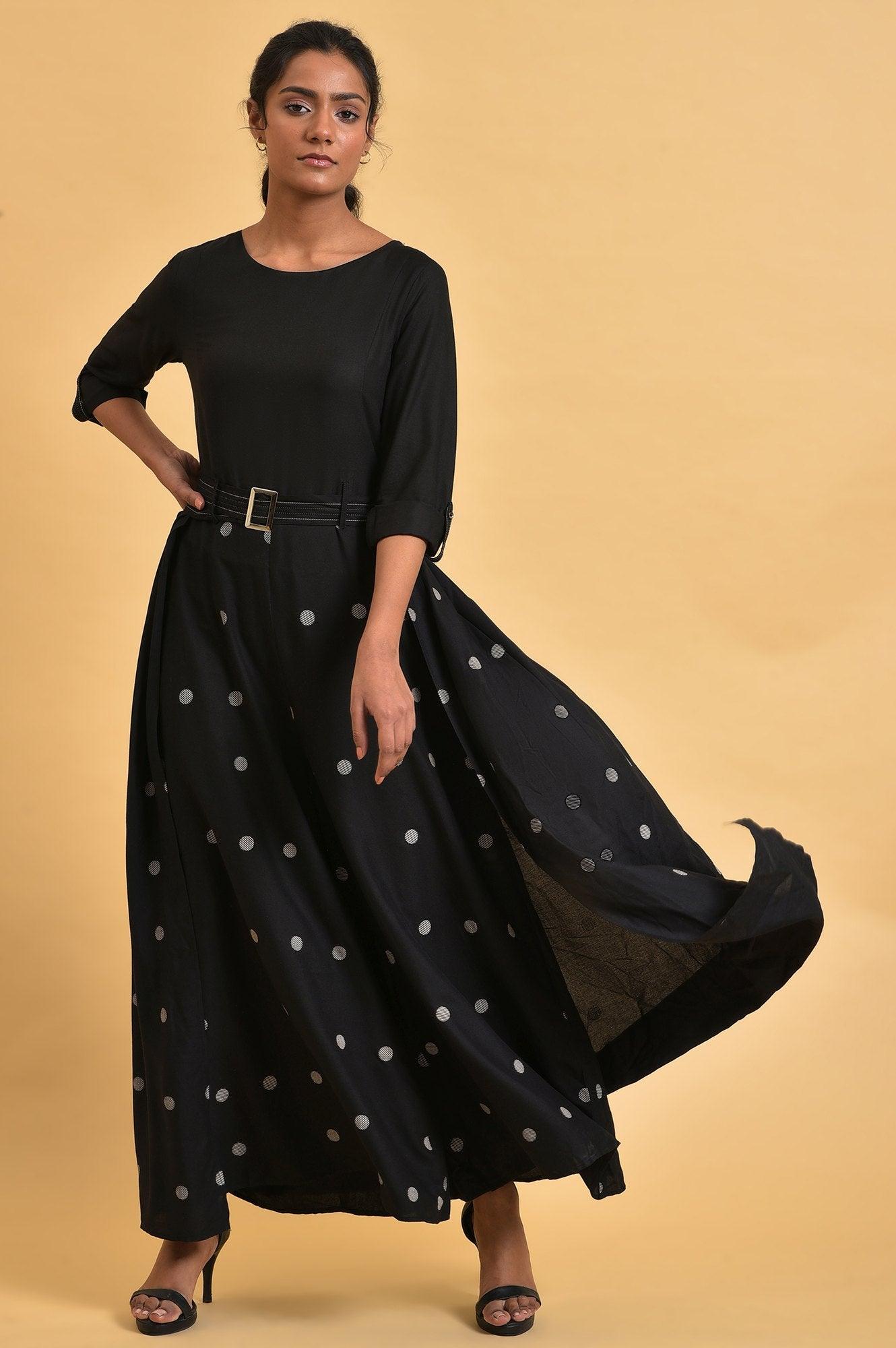 Black Polka Dot Jumpsuit with Belt - wforwoman
