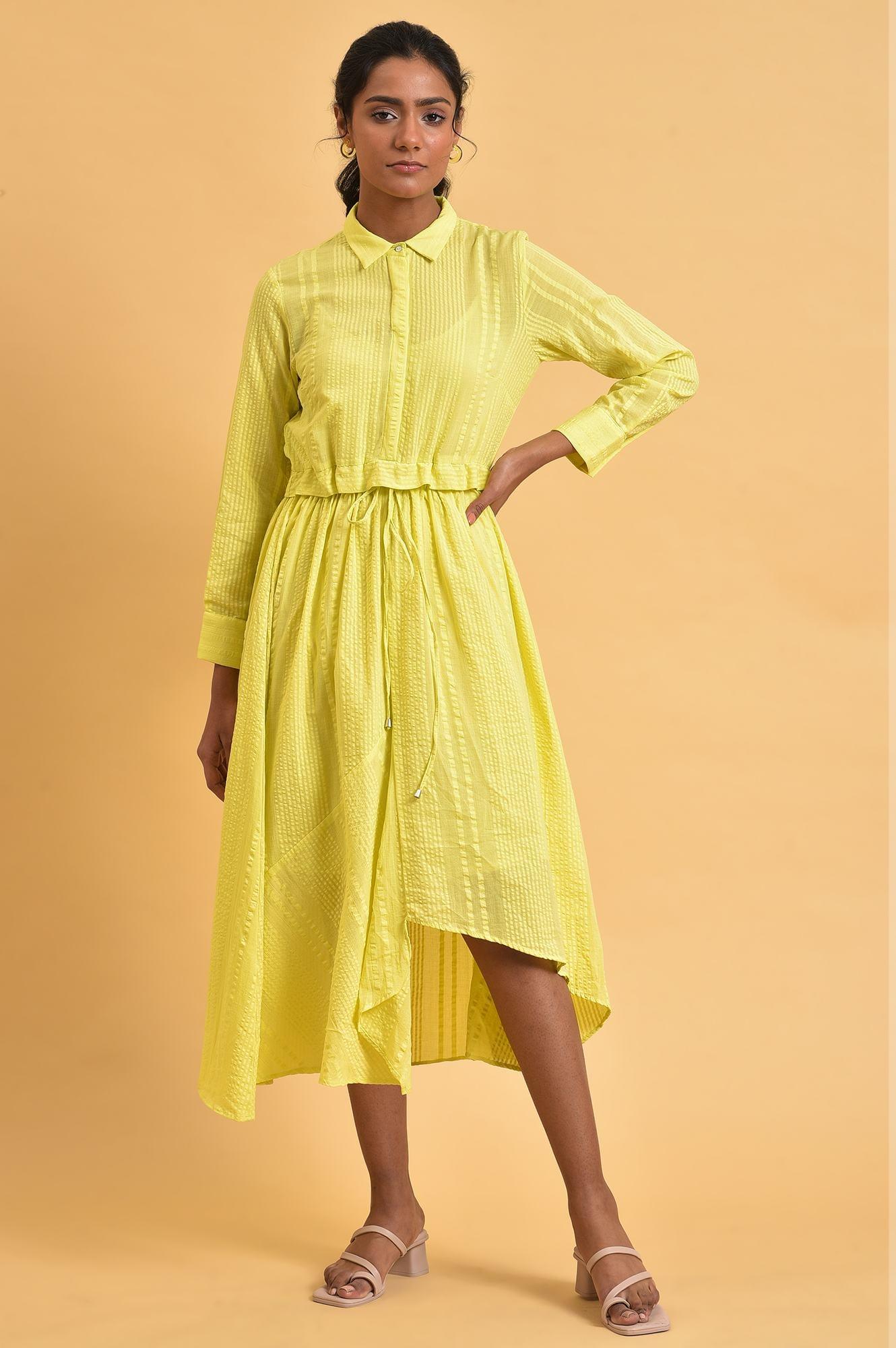 Green Gathered Shirt Collar Dress - wforwoman