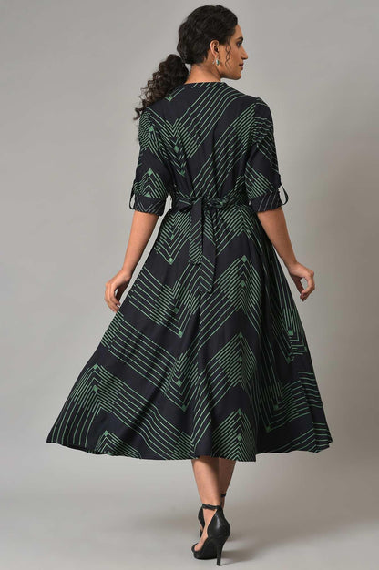 Plus Size Black Matrix Printed Circular Shirt Dress With Belt - wforwoman