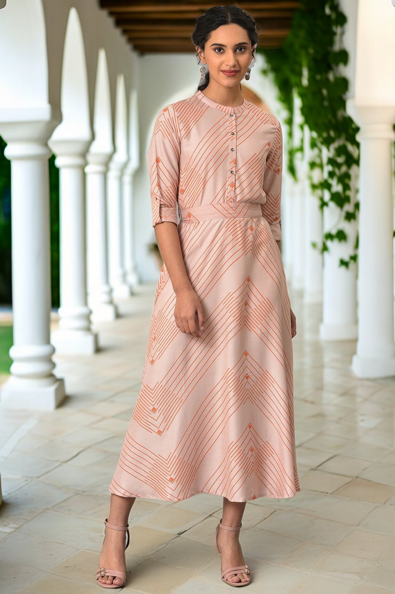 Dusty Pink Matrix Printed Circular Shirt Dress With Belt