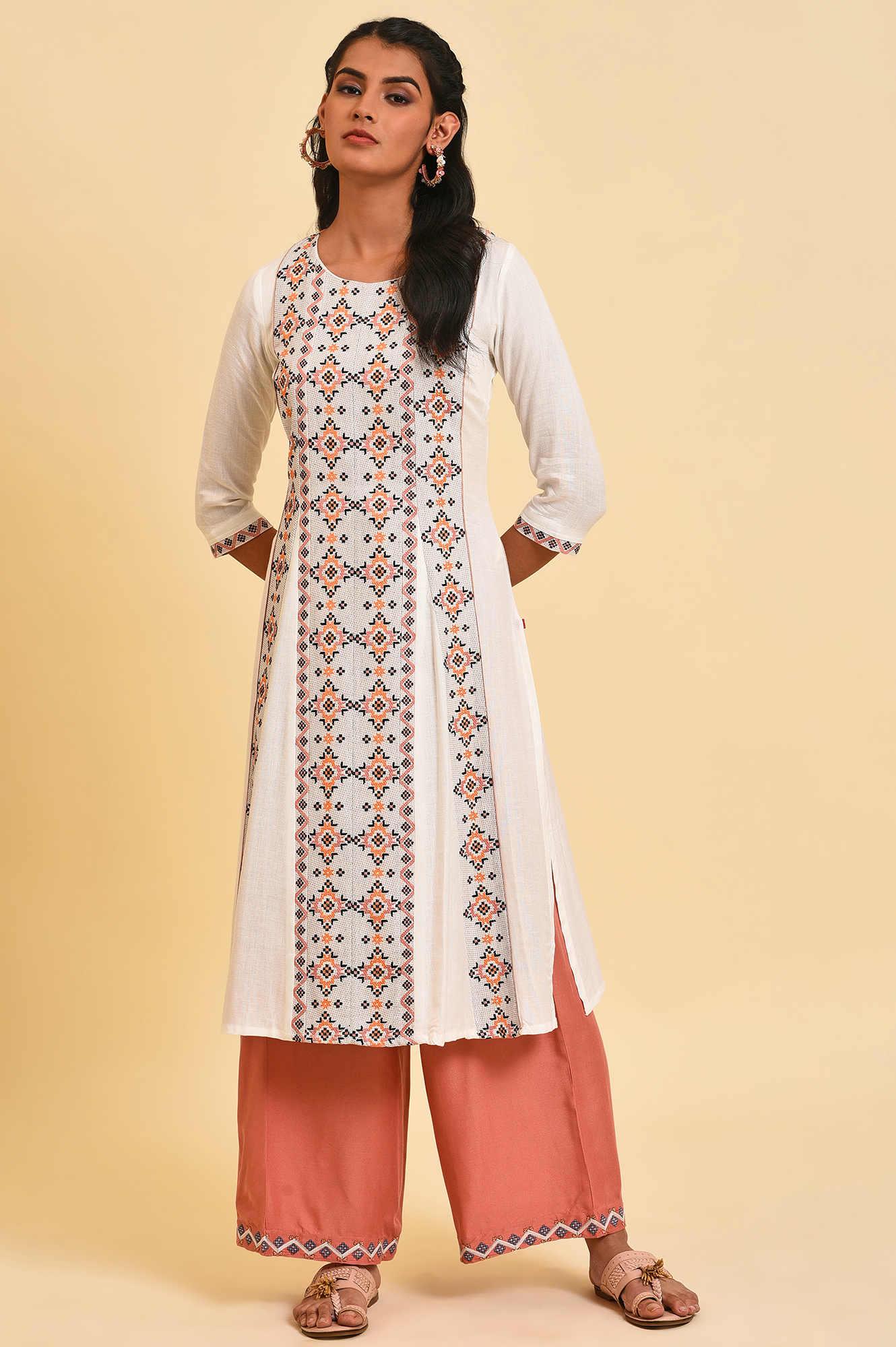 Ecru Geometric Print Round Neck Summer kurta - wforwoman