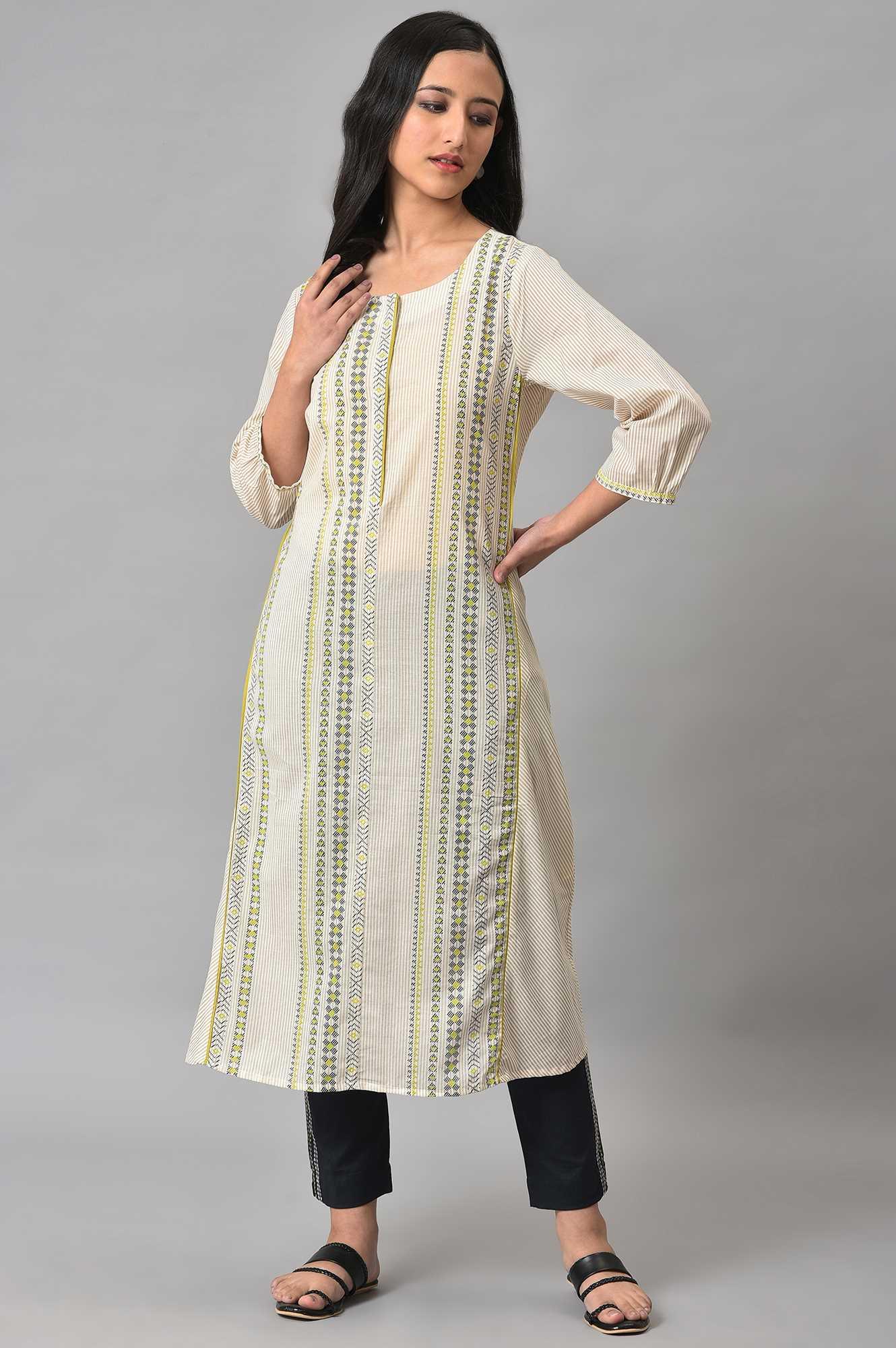Ecru Misdent Printed Summer kurta - wforwoman