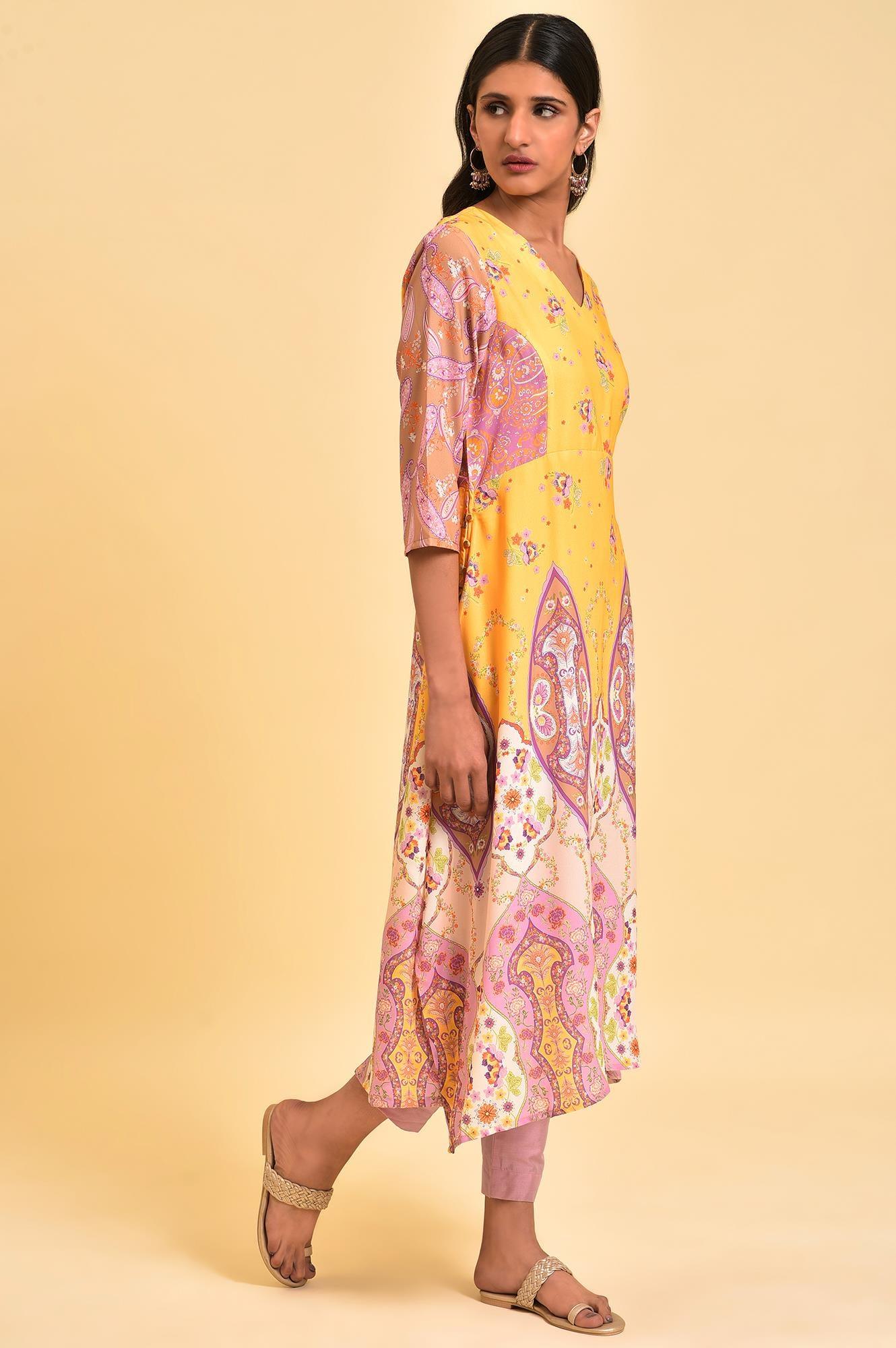 Yellow Handkerchief Patterned Cut Placement kurta - wforwoman