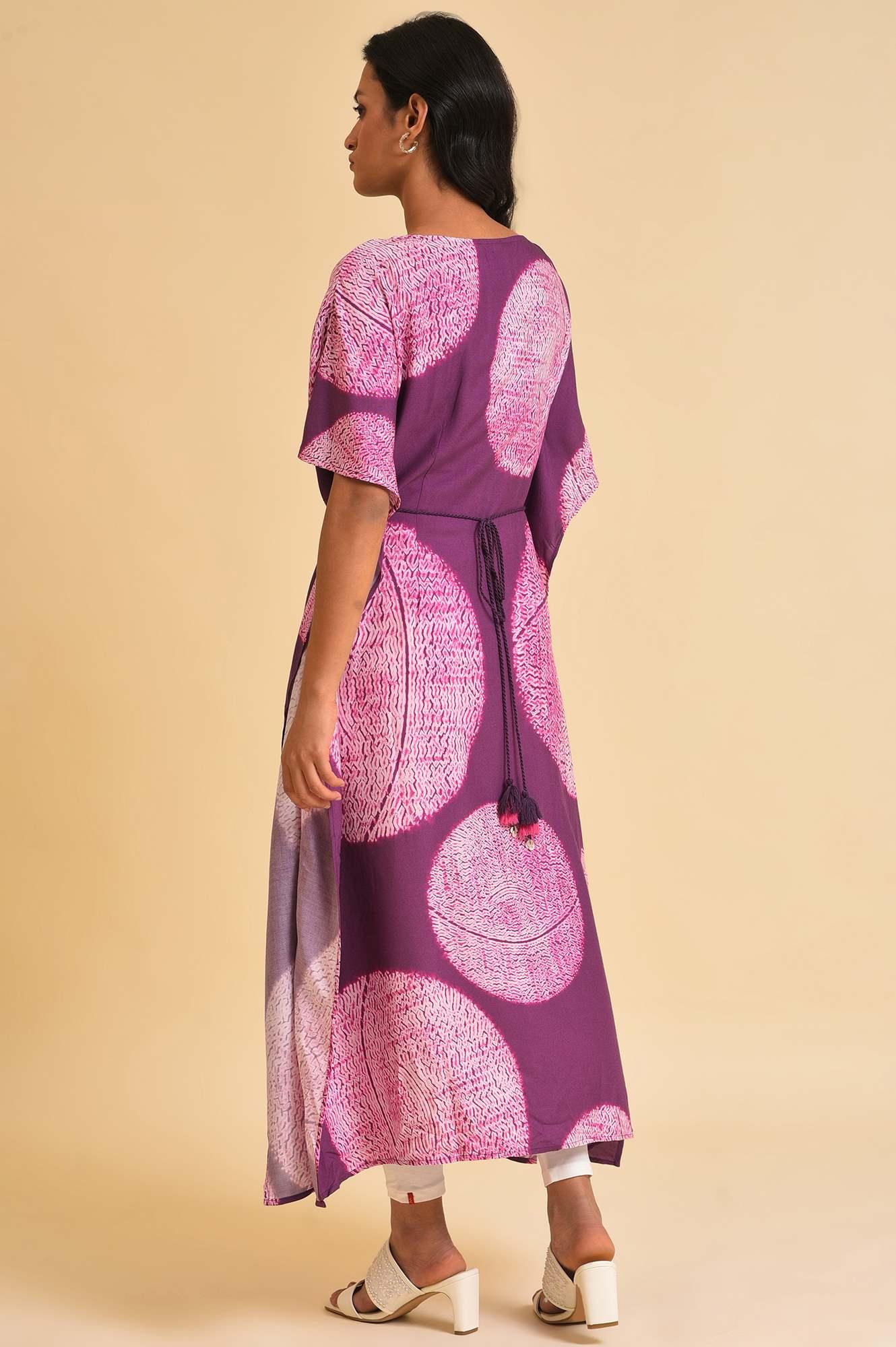 Purple Bold Graphic Printed Kaftan With Back Tie Up - wforwoman