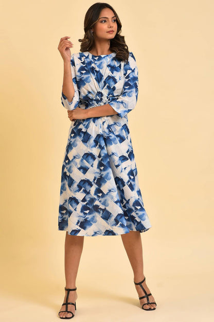 Blue Geometrical Printed Dress With Decorative Smocking - wforwoman