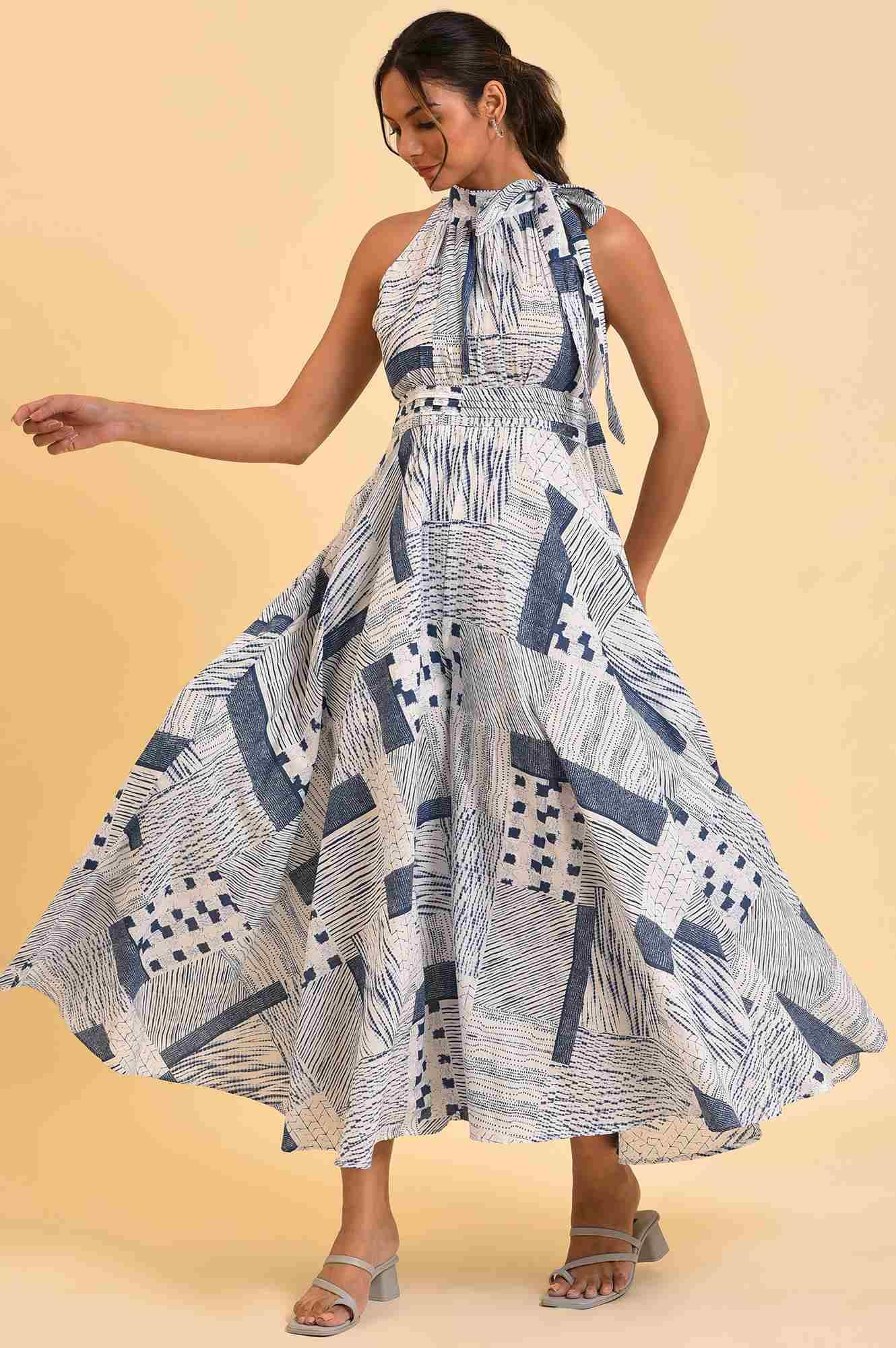 Blue Printed Western Jumpsuit With Pleated Belt - wforwoman